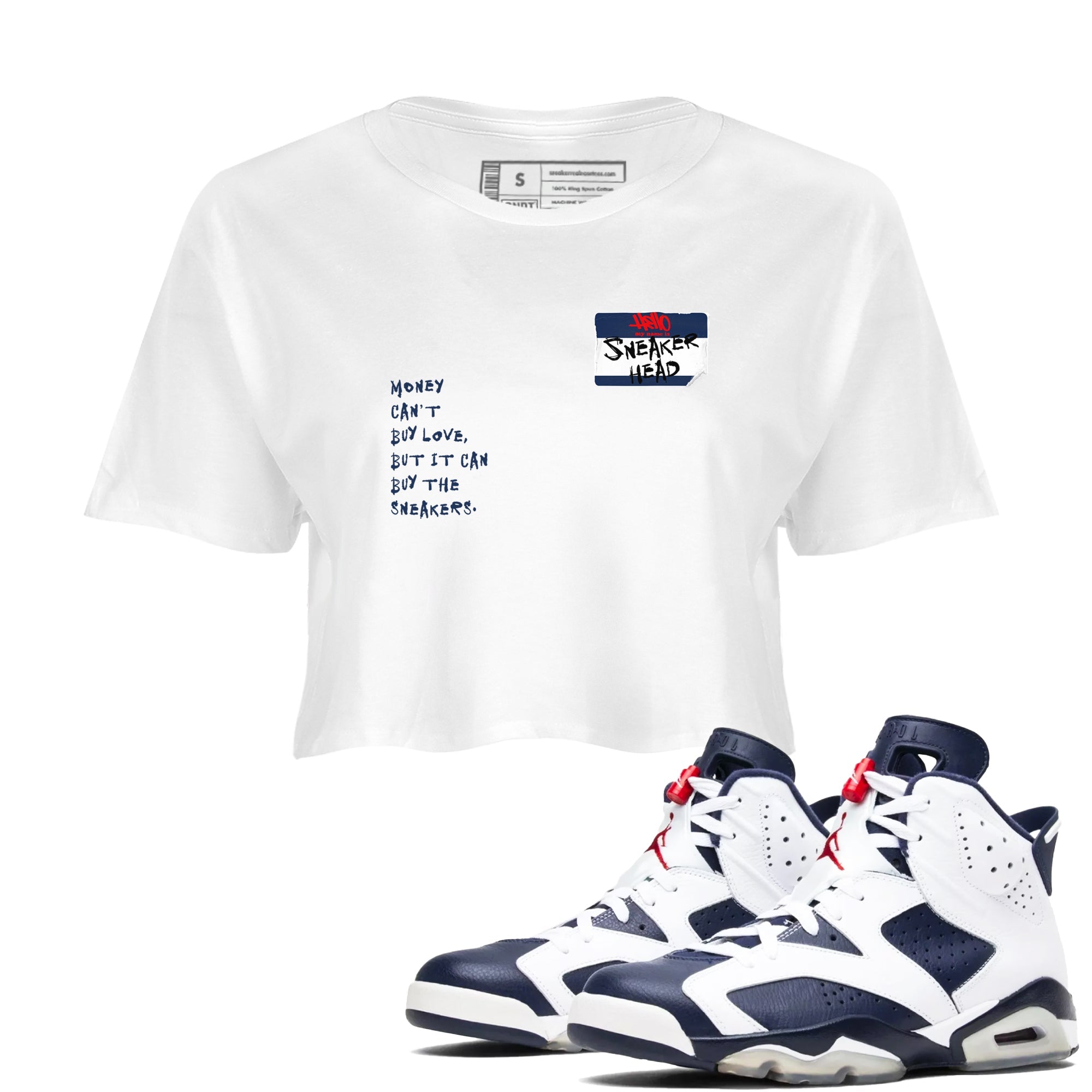 6s White And Midnight Navy shirts to match jordans Sneakerhead Badge sneaker match tees Air Jordan 6 White And Midnight Navy Drip Gear Zone unisex cotton White 1 Crop Shirts