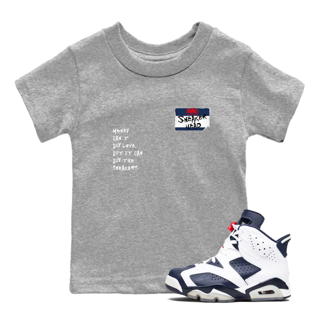 6s White And Midnight Navy shirts to match jordans Sneakerhead Badge sneaker match tees Air Jordan 6 White And Midnight Navy Drip Gear Zone Youth Baby Heather Grey 1 crew neck shirts