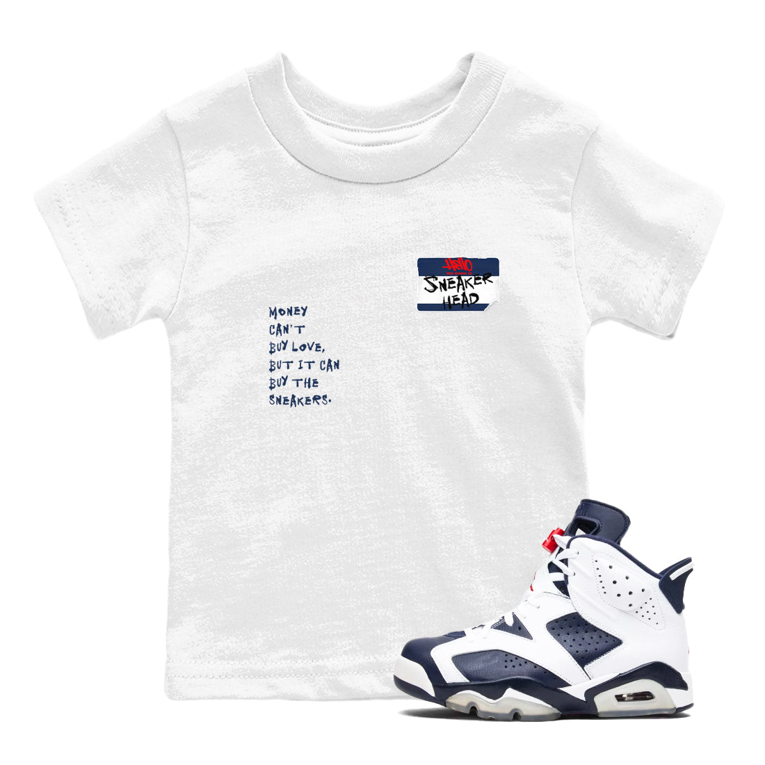 6s White And Midnight Navy shirts to match jordans Sneakerhead Badge sneaker match tees Air Jordan 6 White And Midnight Navy Drip Gear Zone Youth Baby White 1 crew neck shirts