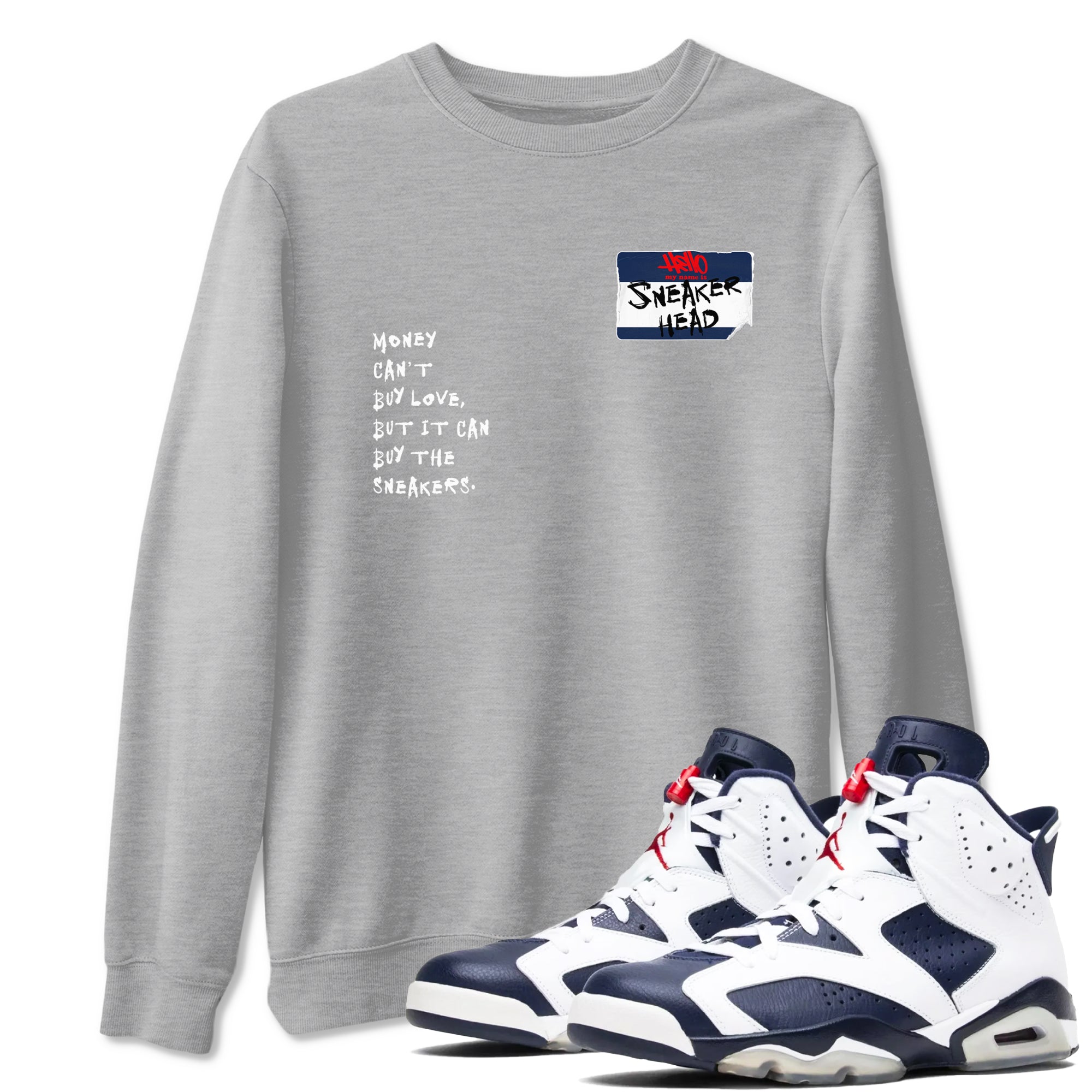 6s White And Midnight Navy shirts to match jordans Sneakerhead Badge sneaker match tees Air Jordan 6 White And Midnight Navy Drip Gear Zone unisex cotton Heather Grey 1 crew neck shirts