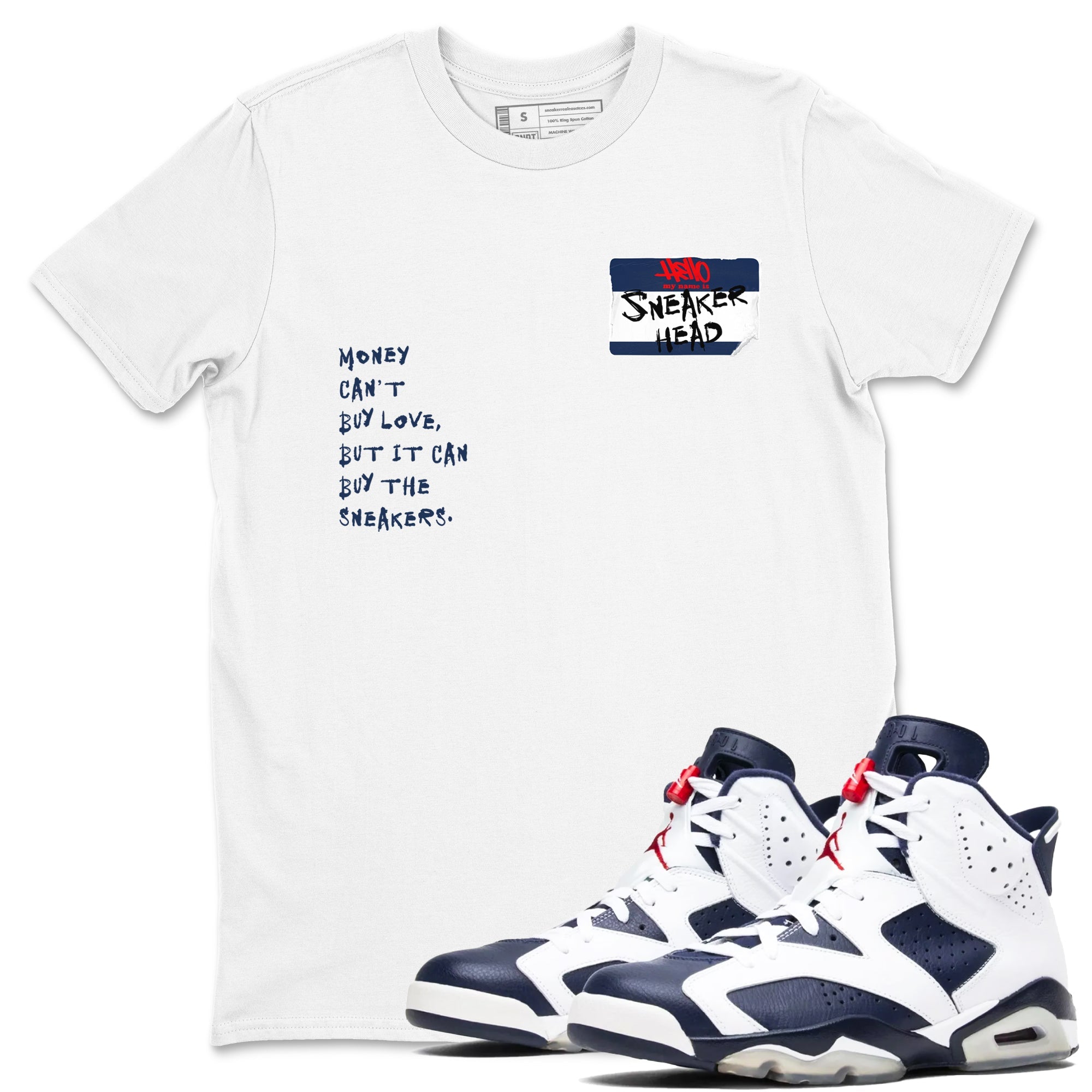 6s White And Midnight Navy shirts to match jordans Sneakerhead Badge sneaker match tees Air Jordan 6 White And Midnight Navy Drip Gear Zone unisex cotton White 1 crew neck shirts