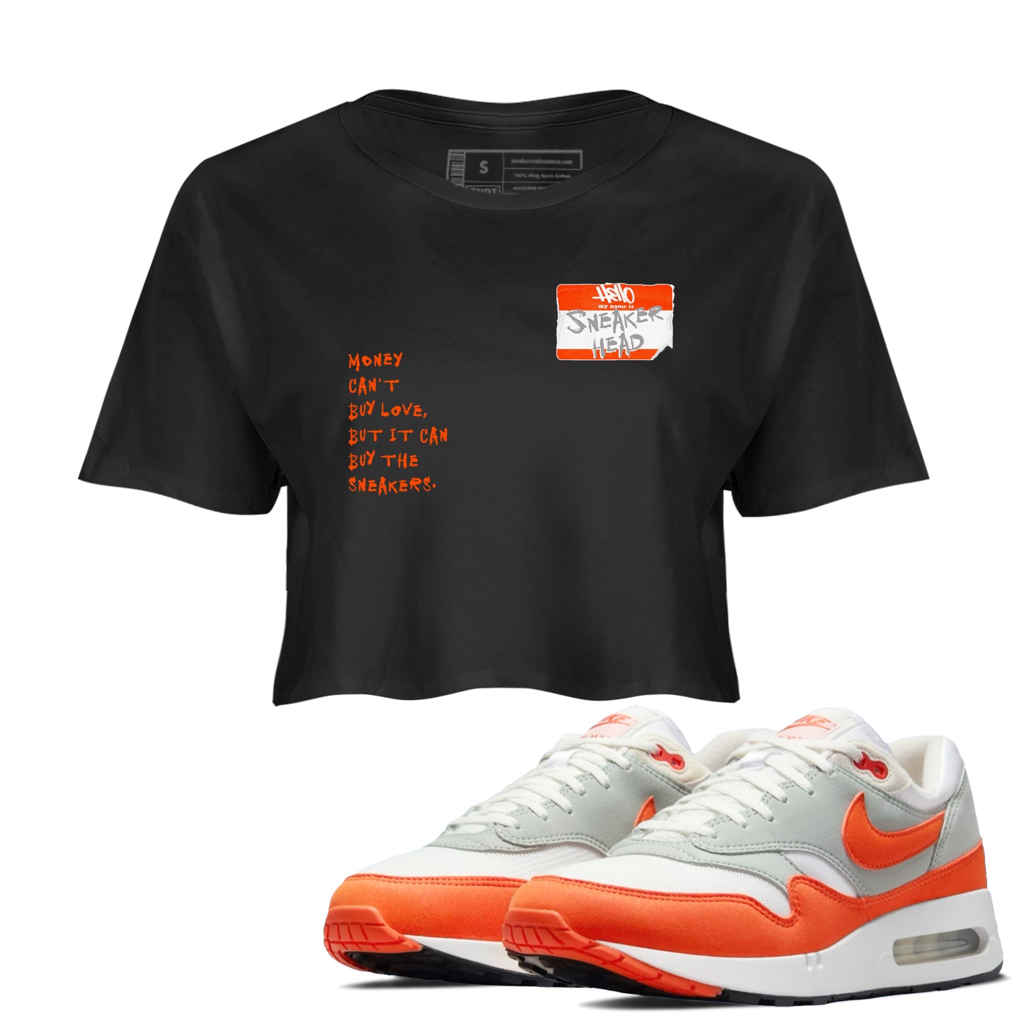 Air Max 1 OG '86 'Summit White and Cosmic Clay shirts to match jordans Sneakerhead Badge sneaker match tees Air Max 1 Cosmic Clay match shoes to clothes Drip Gear Zone unisex cotton Black 1 crop tee