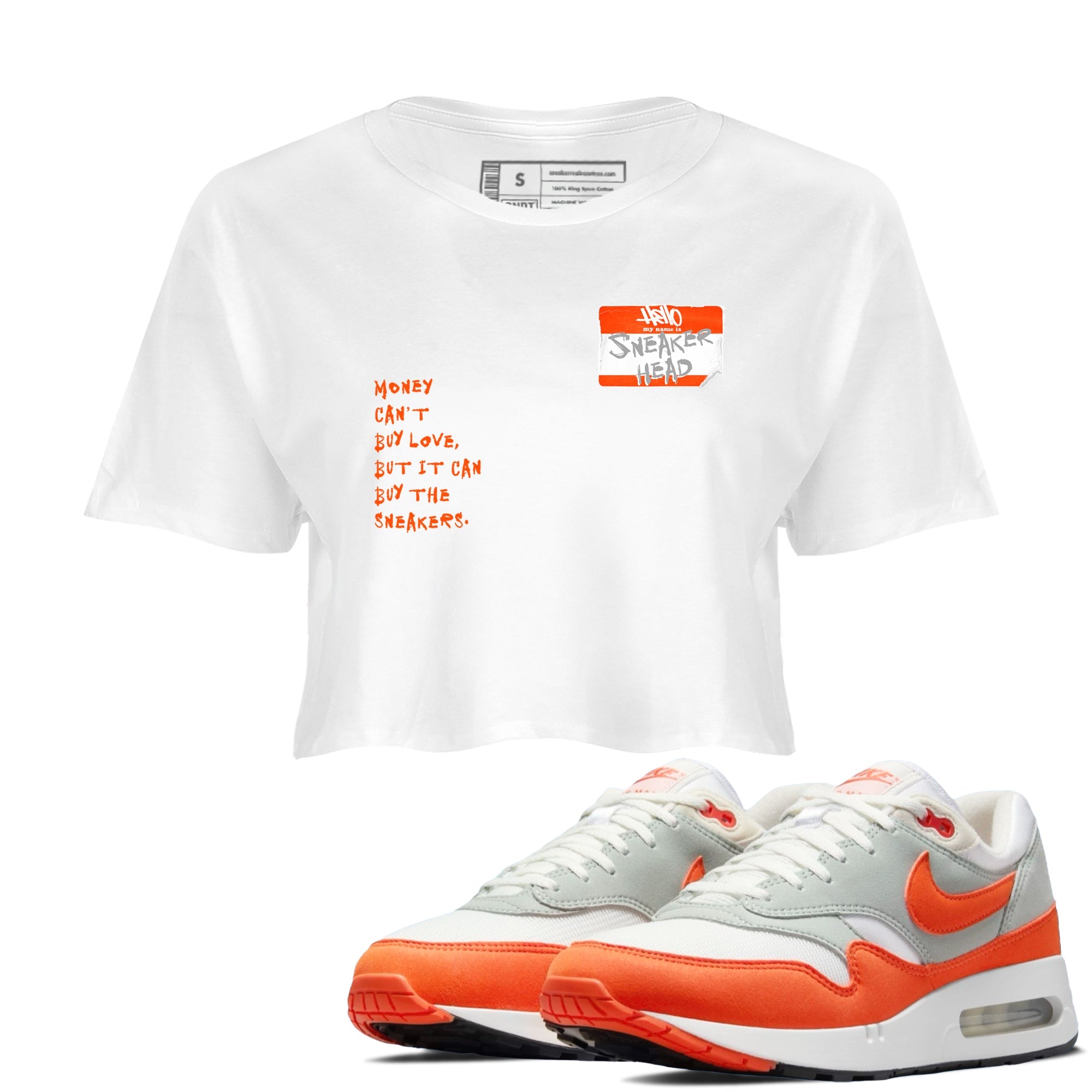 Air Max 1 OG '86 'Summit White and Cosmic Clay shirts to match jordans Sneakerhead Badge sneaker match tees Air Max 1 Cosmic Clay match shoes to clothes Drip Gear Zone unisex cotton White 1 crop tee