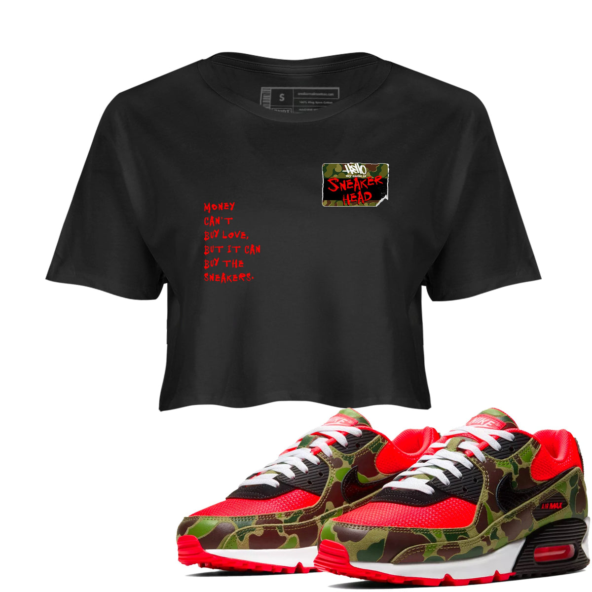 Air Max 90 Duck Camo shirts to match jordans Sneakerhead Badge sneaker match tees Air Max 90 Reverse Duck Camo match shoes to clothes Drip Gear Zone unisex cotton Black 1 crop tee