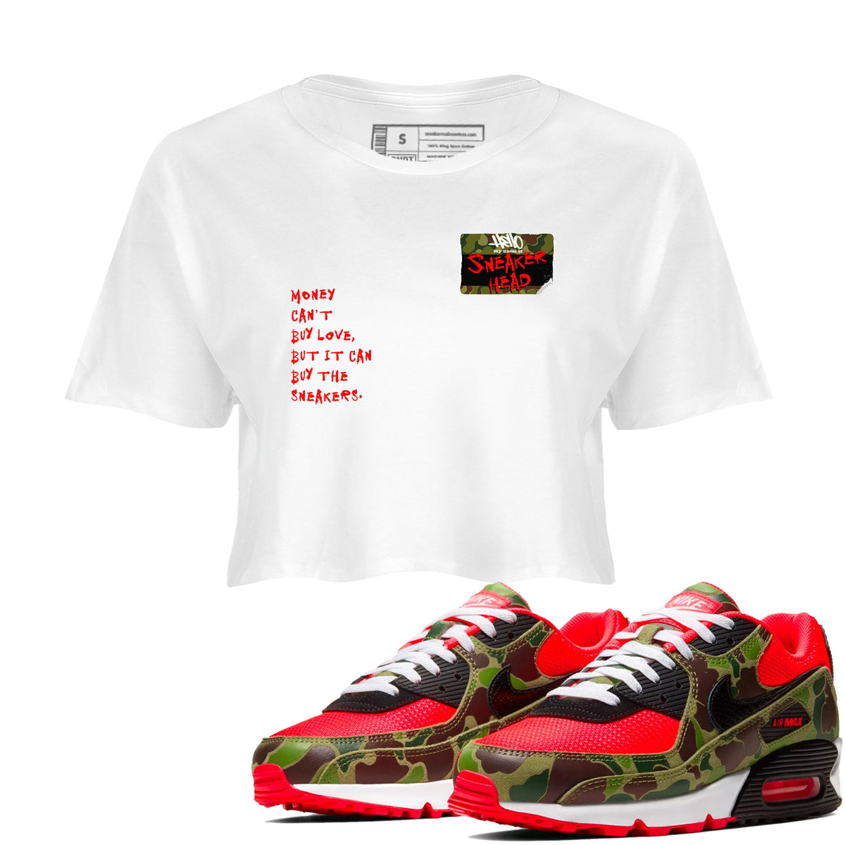 Air Max 90 Duck Camo shirts to match jordans Sneakerhead Badge sneaker match tees Air Max 90 Reverse Duck Camo match shoes to clothes Drip Gear Zone unisex cotton White 1 crop tee
