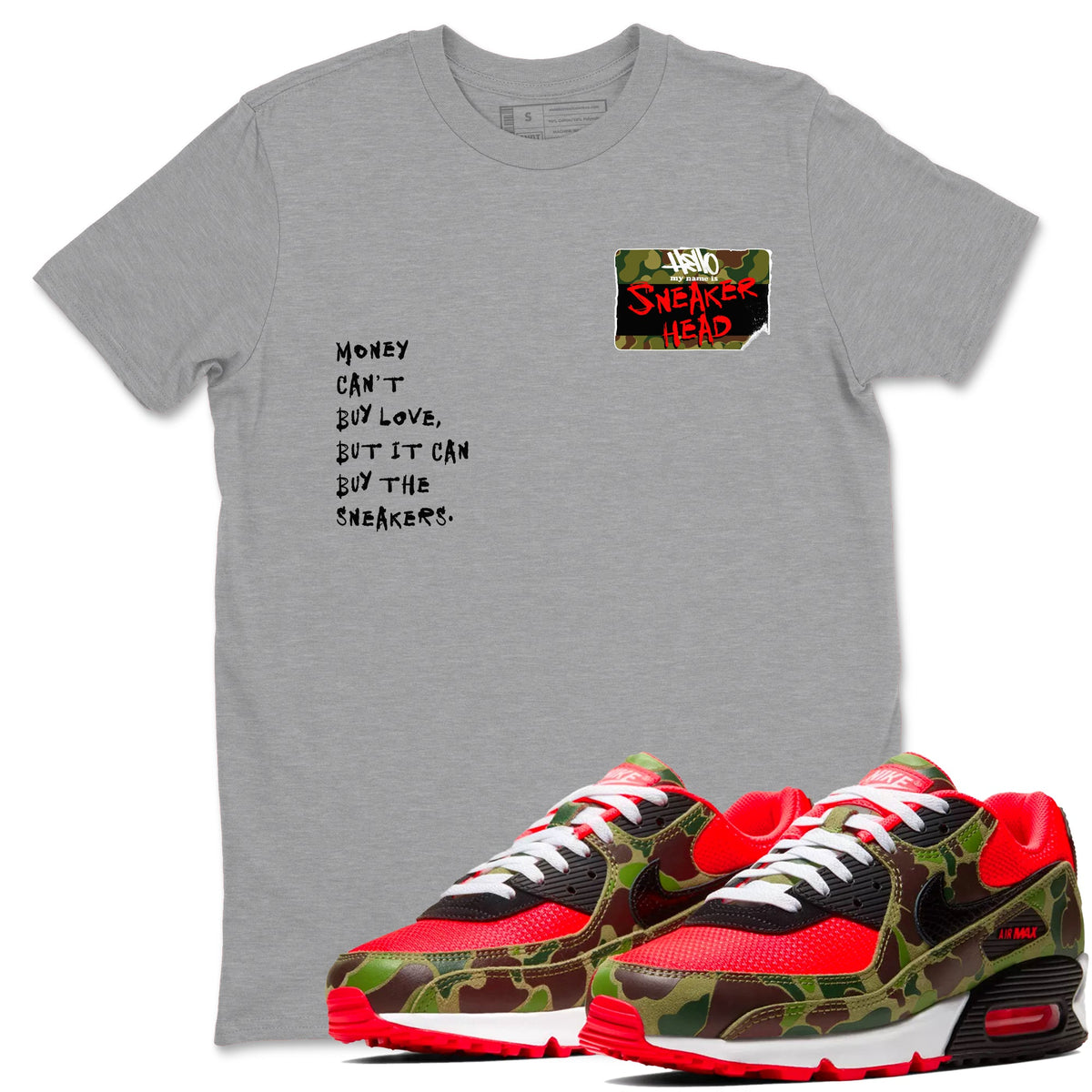 Air Max 90 Duck Camo shirts to match jordans Sneakerhead Badge sneaker match tees Air Max 90 Reverse Duck Camo match shoes to clothes Drip Gear Zone unisex cotton Heather Grey 1 shirts