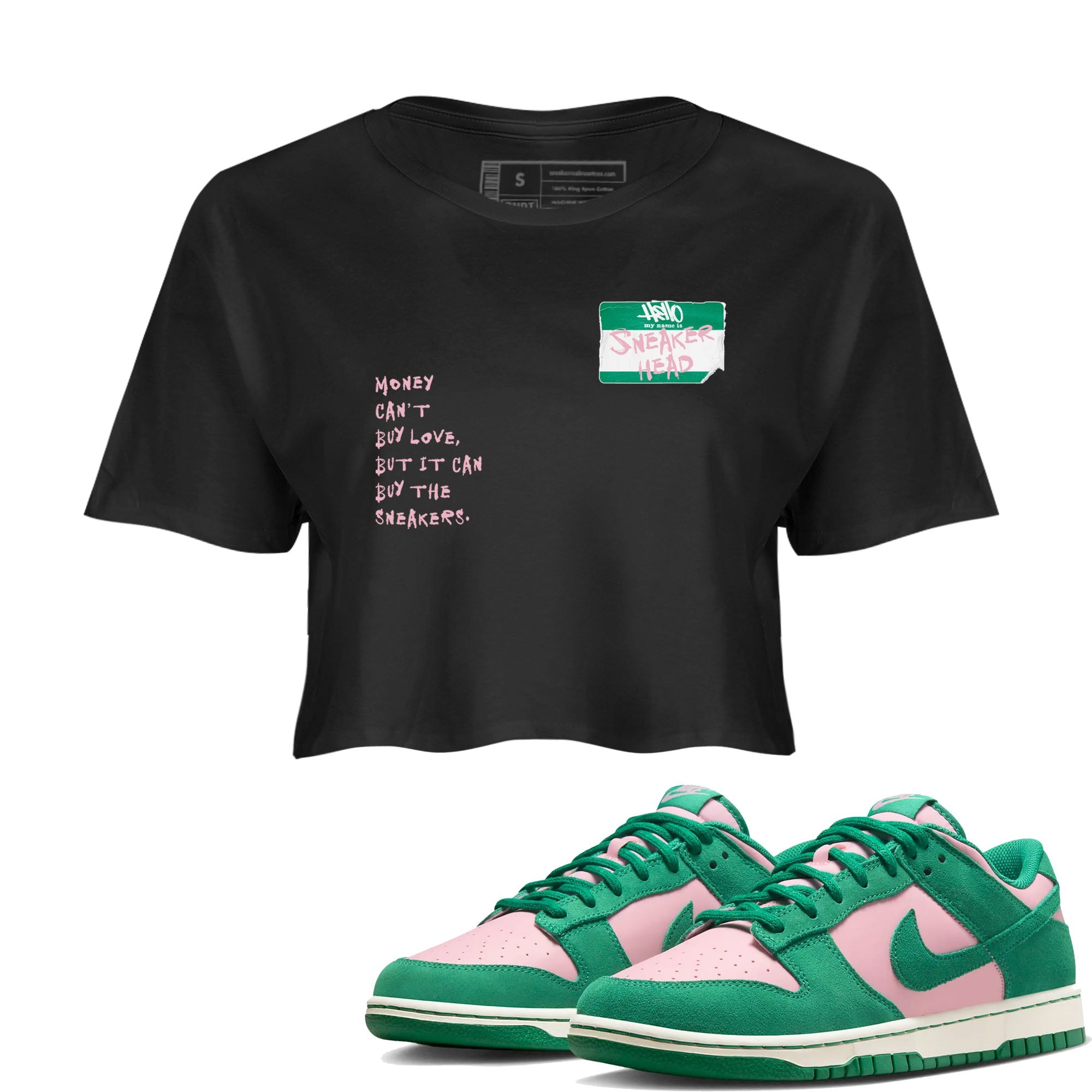 Dunk Medium Soft Pink Malachite shirt to match jordans Sneakerhead Badge sneaker tees Dunk Medium Soft Pink Malachite Drip Gear Zone Black 1 crop length shirt