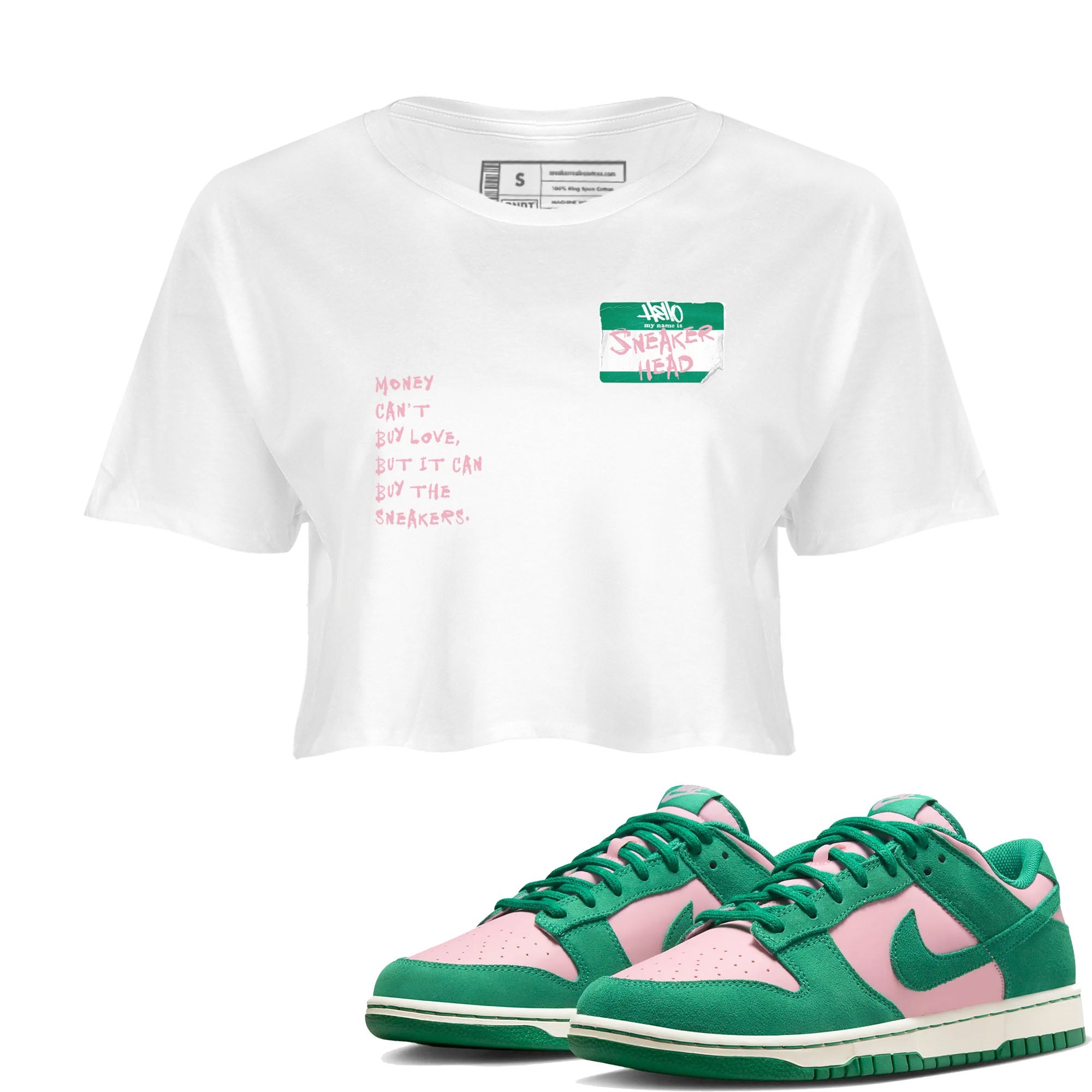 Dunk Medium Soft Pink Malachite shirt to match jordans Sneakerhead Badge sneaker tees Dunk Medium Soft Pink Malachite Drip Gear Zone White 1 crop length shirt
