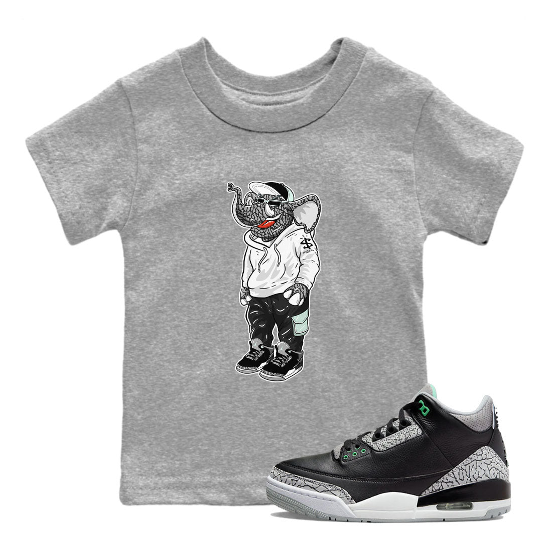 Air Jordan 3 Green Glow shirt to match jordans Sneakerhead Elephant sneaker tees Air Jordan 3 Green Glow Drip Gear Zone baby toddler Heather Grey 1 cotton Shirt