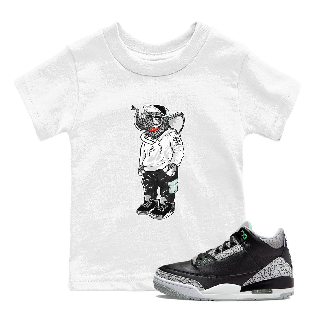 Air Jordan 3 Green Glow shirt to match jordans Sneakerhead Elephant sneaker tees Air Jordan 3 Green Glow Drip Gear Zone baby toddler White 1 cotton Shirt