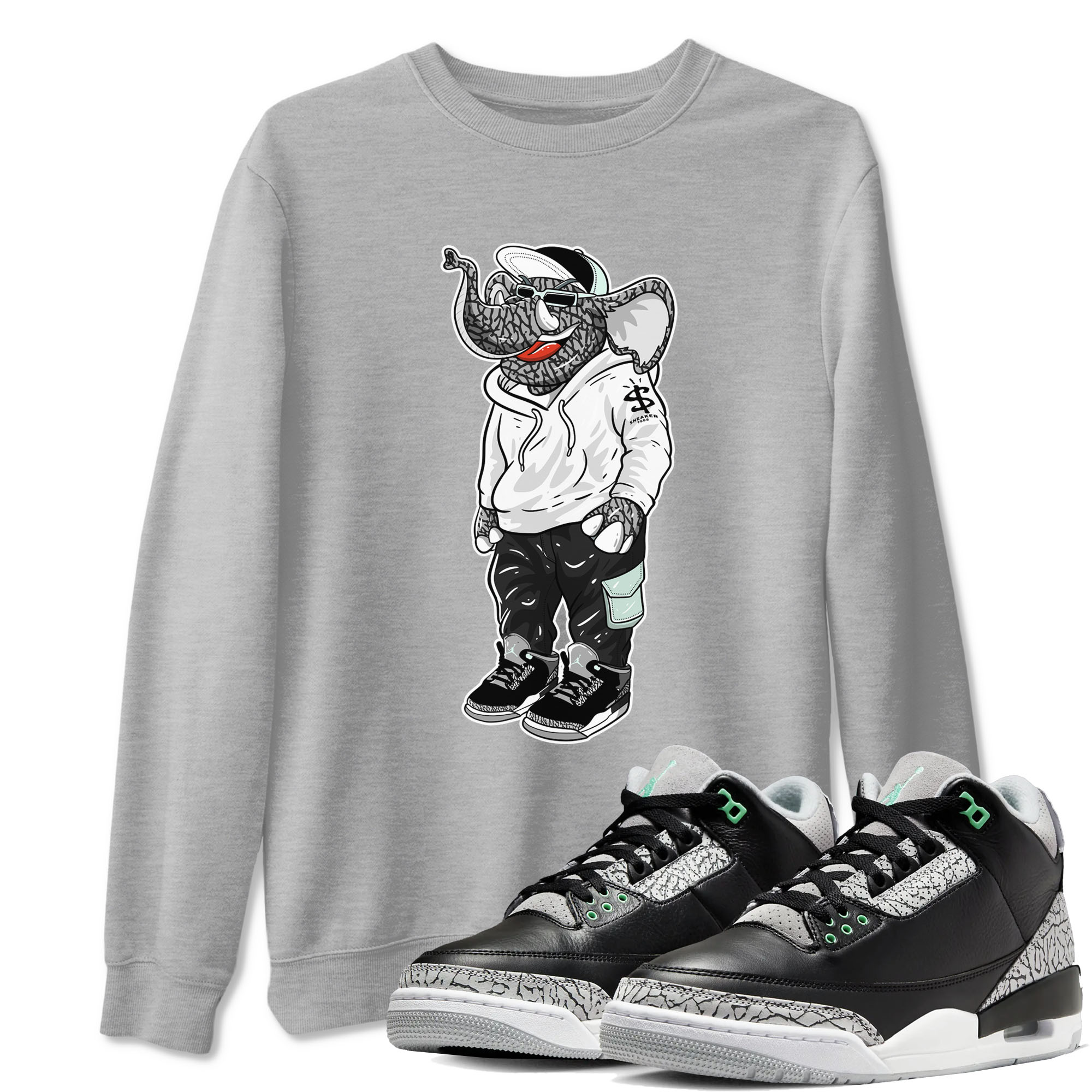 Air Jordan 3 Green Glow shirt to match jordans Sneakerhead Elephant sneaker tees Air Jordan 3 Green Glow Drip Gear Zone unisex cotton Heather Grey 1 crew neck shirt