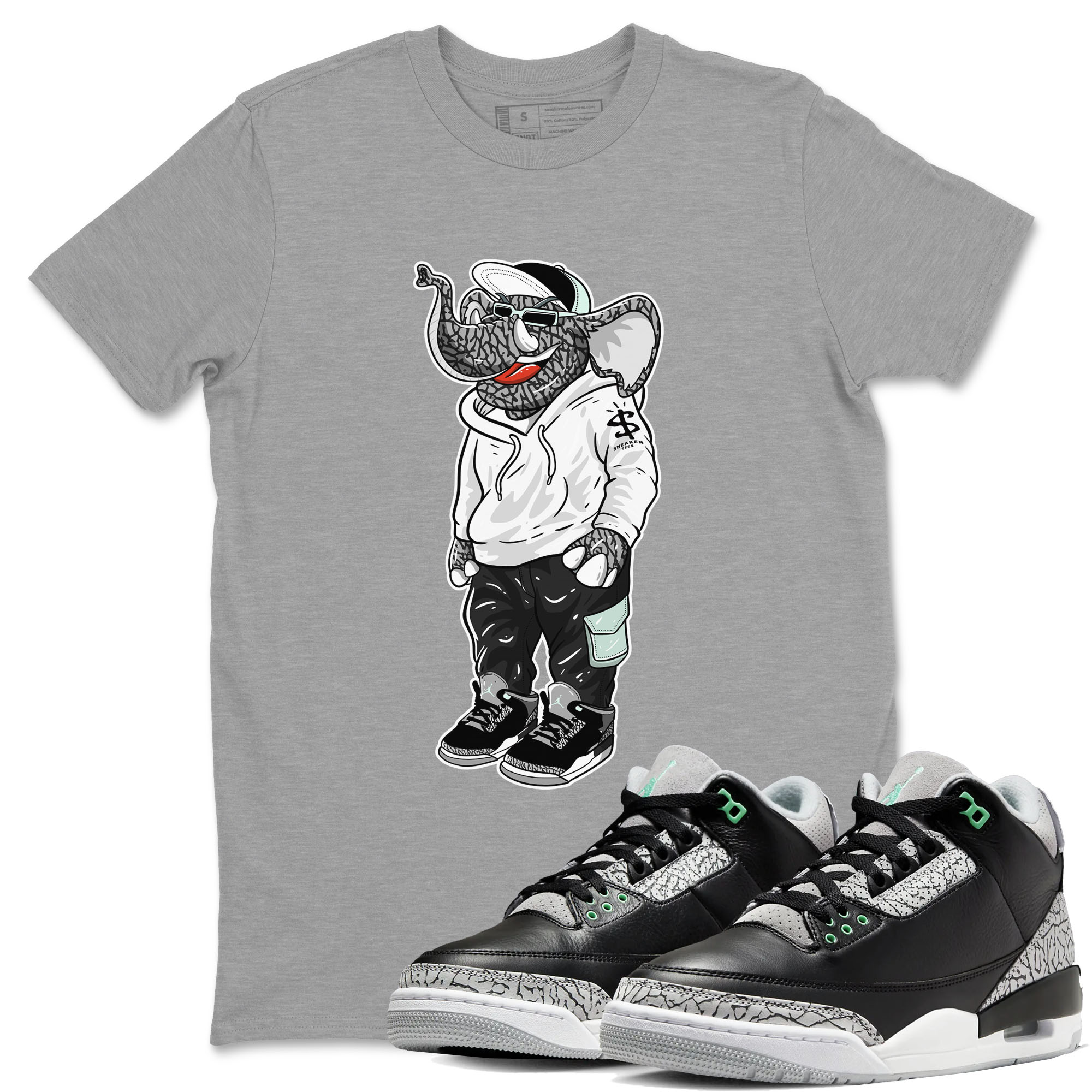 Air Jordan 3 Green Glow shirt to match jordans Sneakerhead Elephant sneaker tees Air Jordan 3 Green Glow Drip Gear Zone unisex cotton Heather Grey 1 crew neck shirt