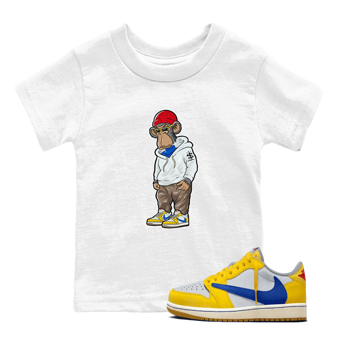 Air Jordan 1 Low x Travis Scott x Canary shirt to match jordans Sneakerhead Monkey sneaker tees Air Jordan 1 Travis Scott Canary Streetwear Brand Drip Gear Zone baby toddler White 1 cotton Shirt