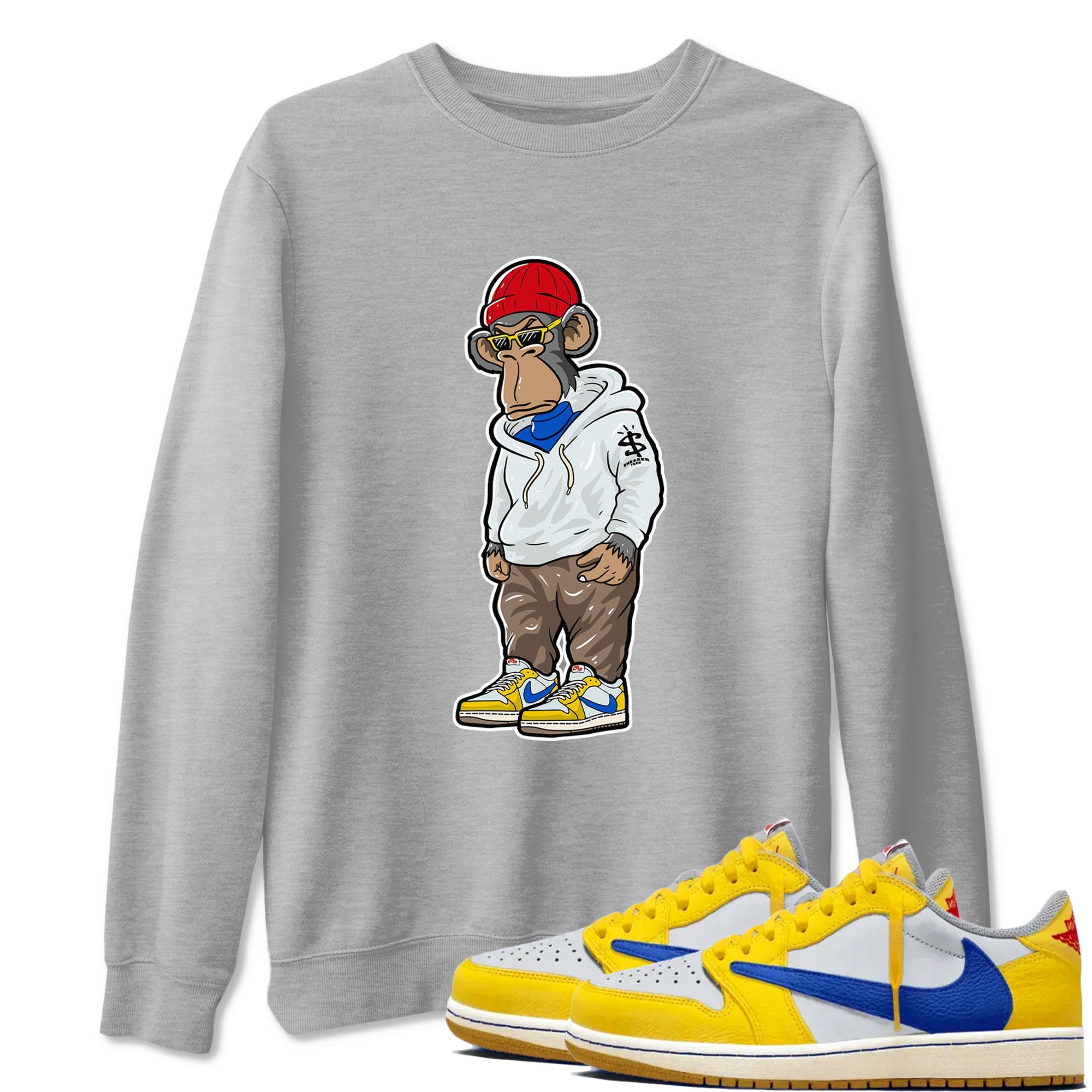 Air Jordan 1 Low x Travis Scott x Canary shirt to match jordans Sneakerhead Monkey sneaker tees AJ1 Travis Scott Canary Streetwear Brand Drip Gear Zone unisex cotton Heather Grey 1 crew neck shirt