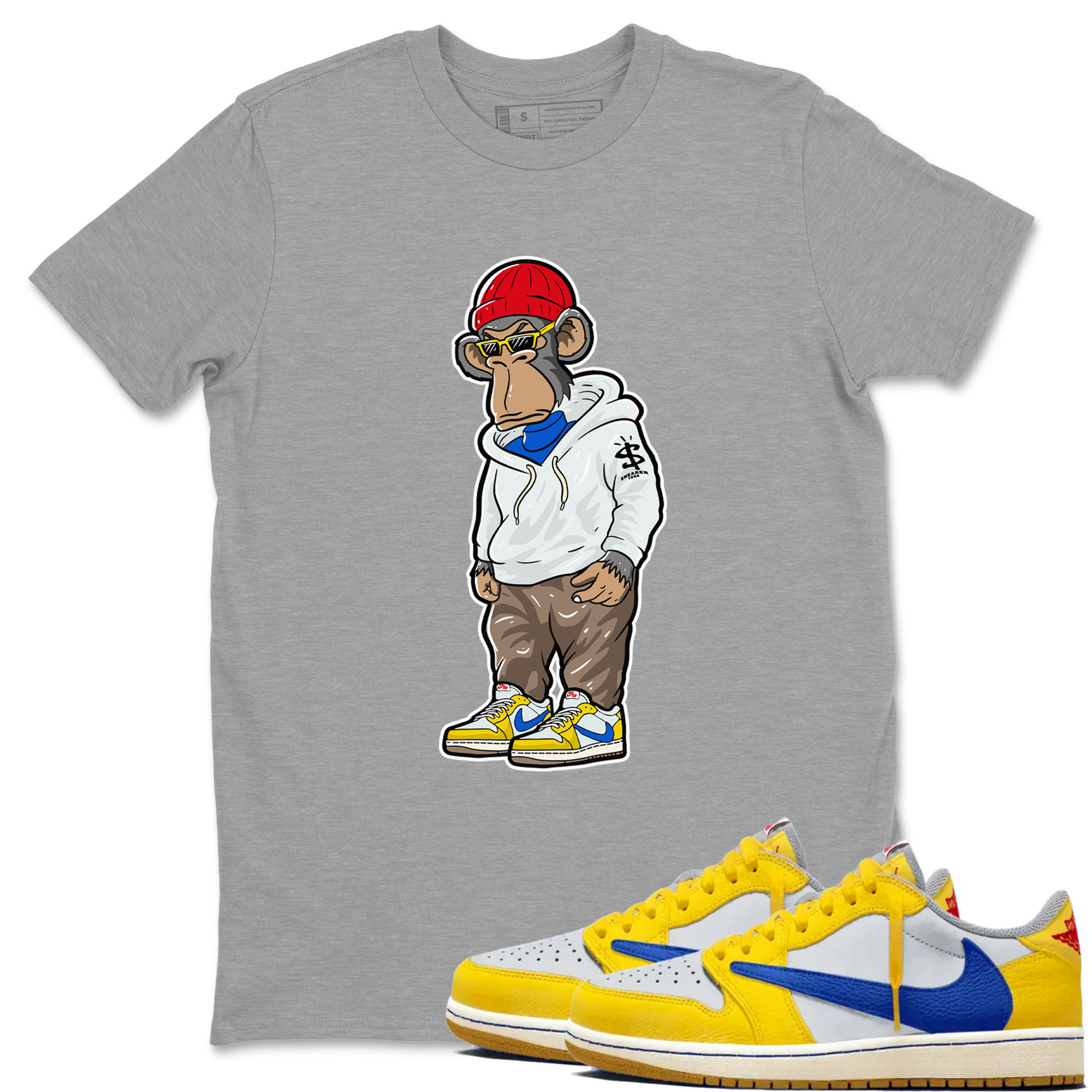Air Jordan 1 Low x Travis Scott x Canary shirt to match jordans Sneakerhead Monkey sneaker tees AJ1 Travis Scott Canary Streetwear Brand Drip Gear Zone unisex cotton Heather Grey 1 crew neck shirt