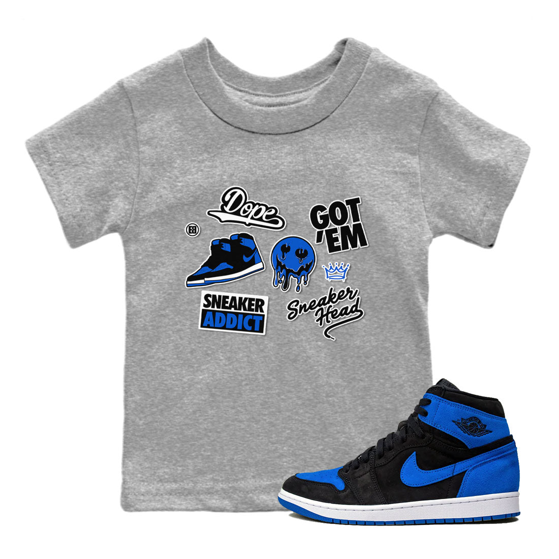 Jordan 1 Retro High OG Royal Reimagined shirt to match jordans Sneakerhead Sticker sneaker matching tees Air Jordan 1 Royal Reimagined Drip Gear Zone Baby Toddler Heather Grey 1 T-Shirt