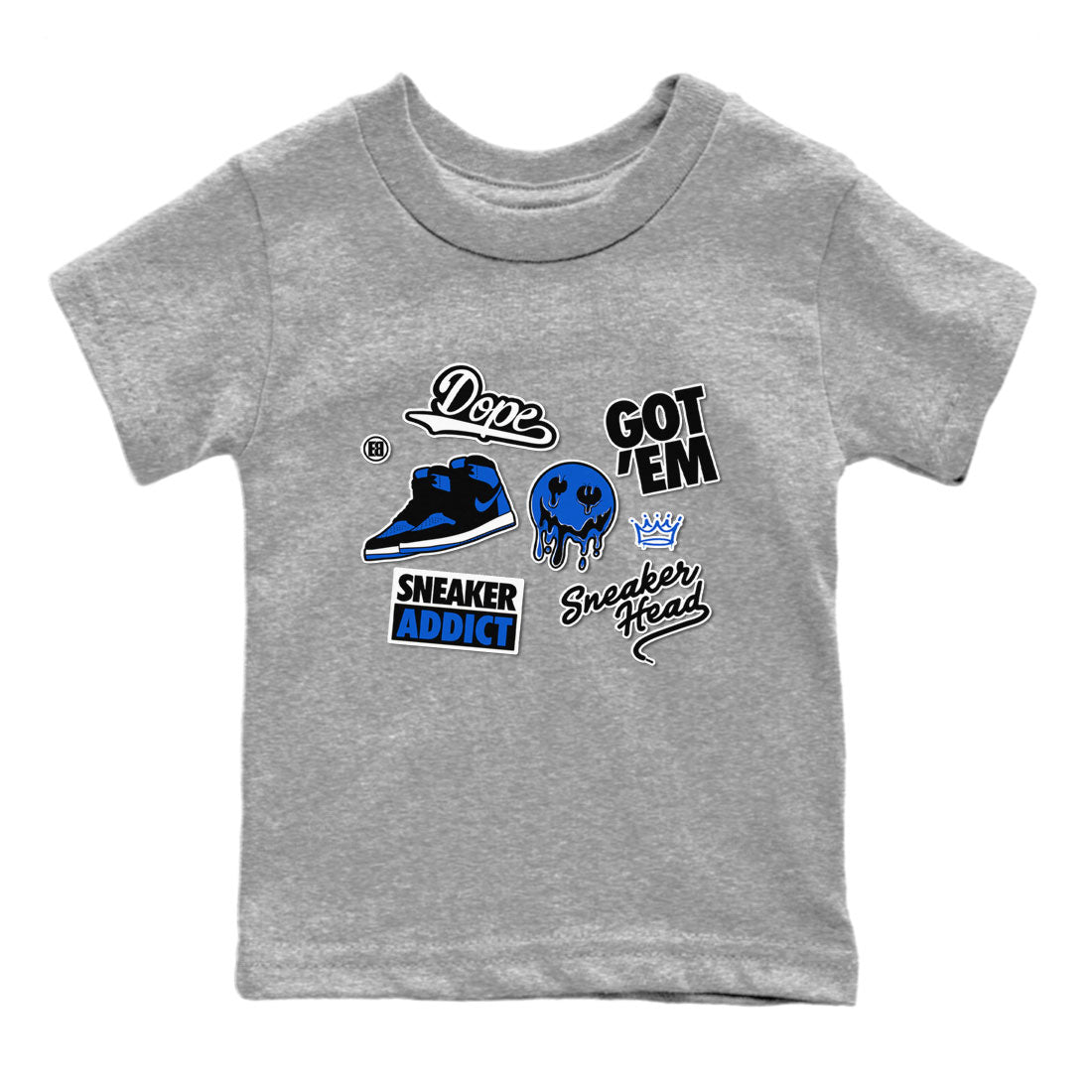 Jordan 1 Retro High OG Royal Reimagined shirt to match jordans Sneakerhead Sticker sneaker matching tees Air Jordan 1 Royal Reimagined Drip Gear Zone Baby Toddler Heather Grey 2 T-Shirt
