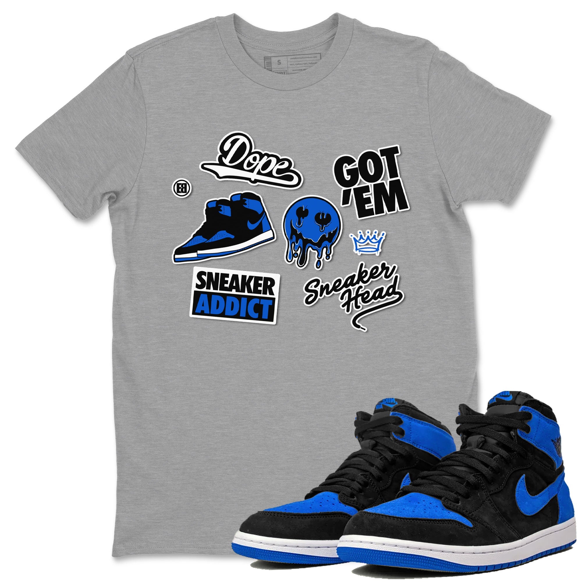 Jordan 1 Retro High OG Royal Reimagined shirt to match jordans Sneakerhead Sticker sneaker matching tees Air Jordan 1 Royal Reimagined Drip Gear Zone Unisex Heather Grey 1 T-Shirt
