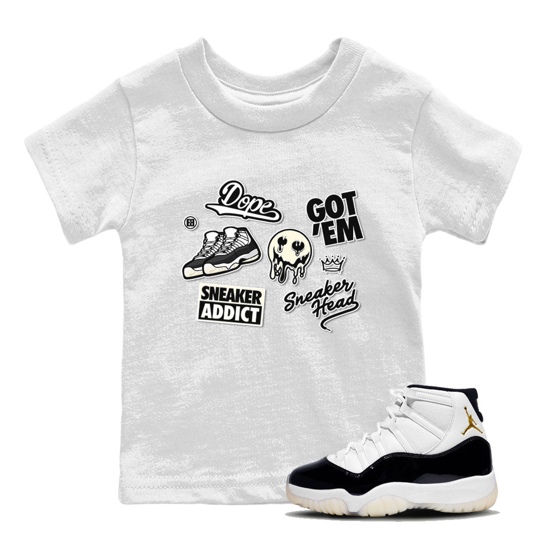 Jordan Rero 11 Gratitude shirt to match jordans Sneakerhead Sticker sneaker matching tees Air Jordan 11 Gratitude Drip Gear Zone Baby Toddler White 1 T-Shirt