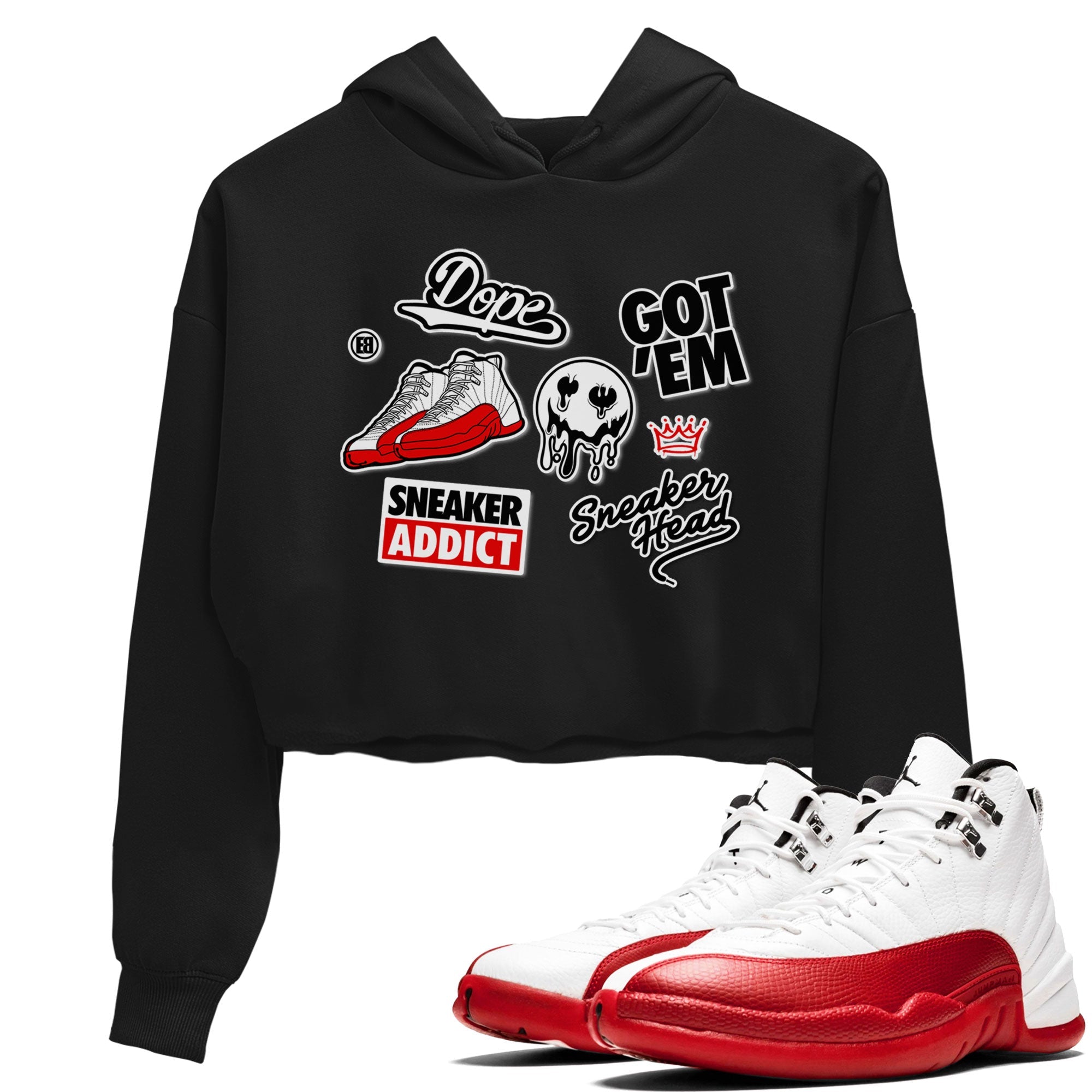 Air Jordan 12 Cherry shirt to match jordans Sneakerhead Sticker sneaker matching tees 12s Cherry Drip Gear Zone Black 1 Crop T-Shirt