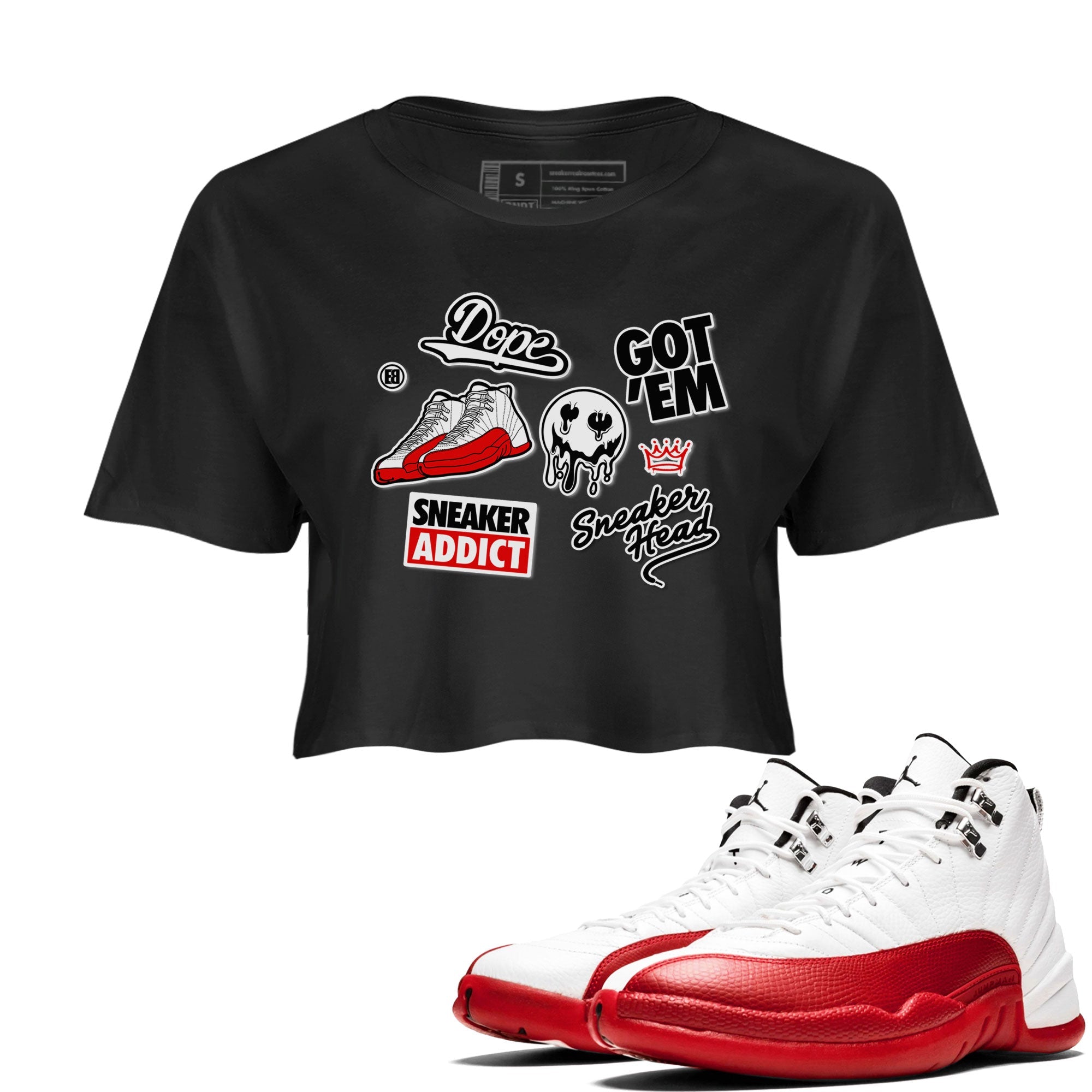 Air Jordan 12 Cherry shirt to match jordans Sneakerhead Sticker sneaker matching tees 12s Cherry Drip Gear Zone Black 1 Crop T-Shirt