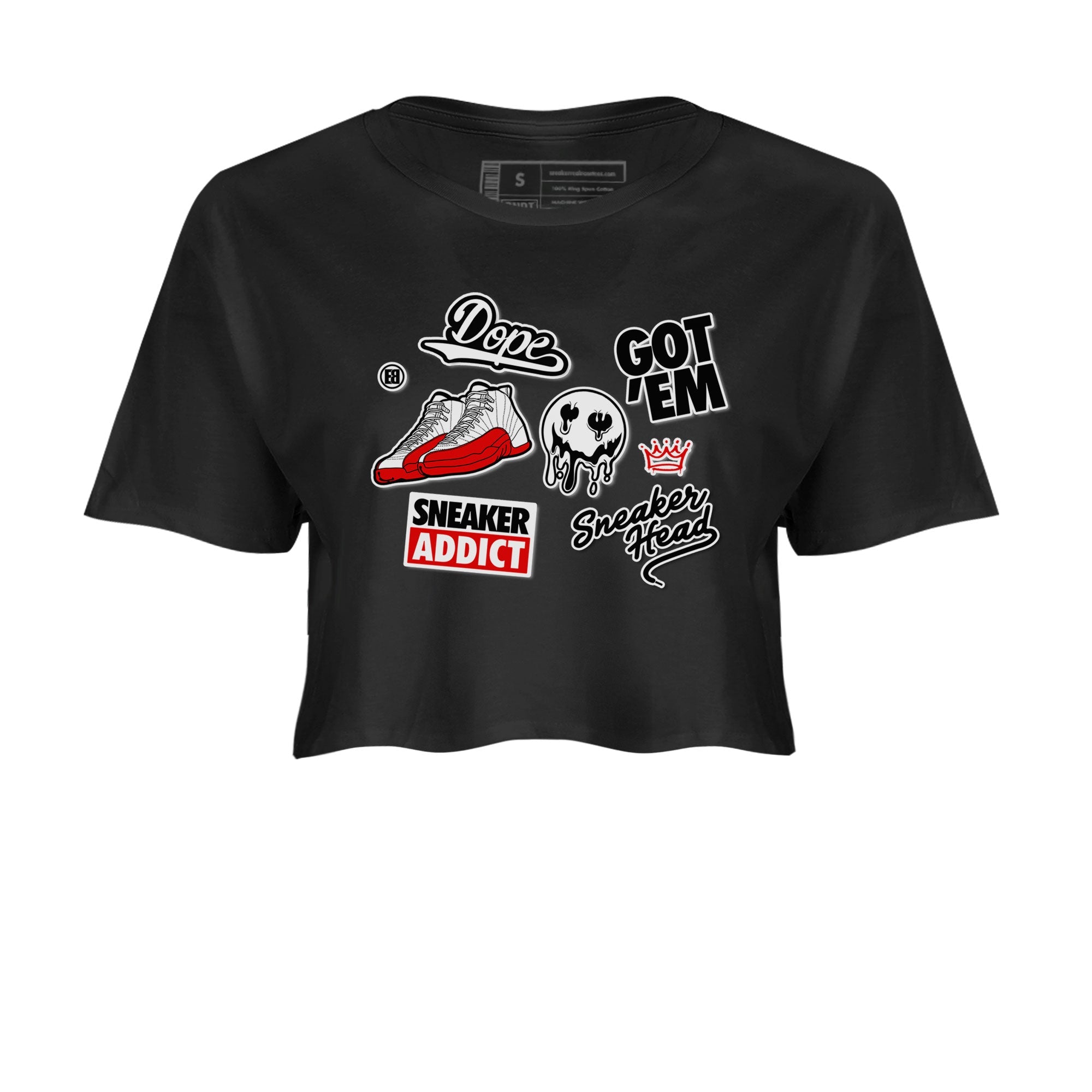 Air Jordan 12 Cherry shirt to match jordans Sneakerhead Sticker sneaker matching tees 12s Cherry Drip Gear Zone Black 2 Crop T-Shirt