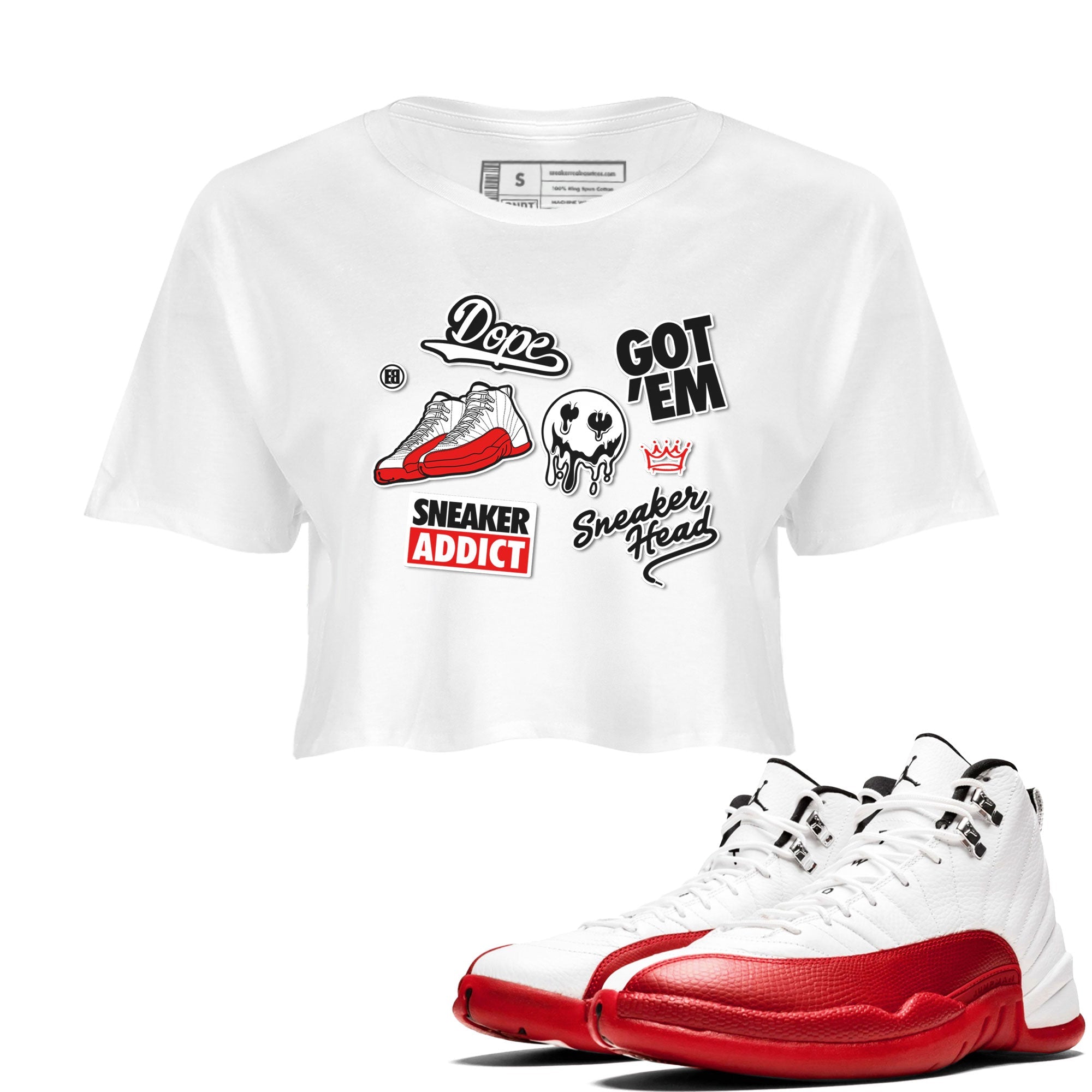 Air Jordan 12 Cherry shirt to match jordans Sneakerhead Sticker sneaker matching tees 12s Cherry Drip Gear Zone White 1 Crop T-Shirt