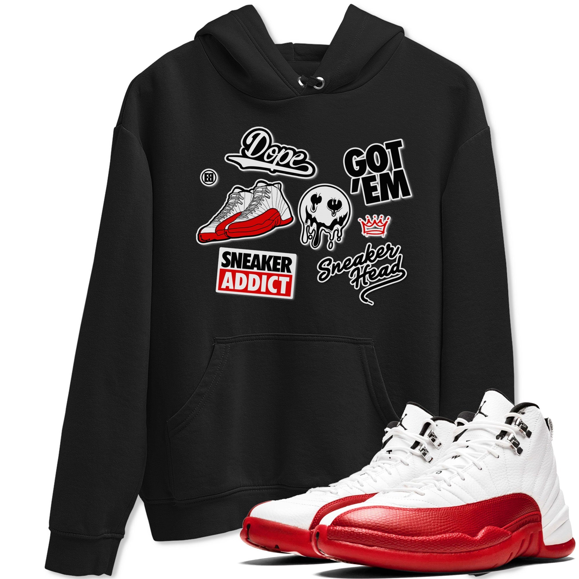 Air Jordan 12 Cherry shirt to match jordans Sneakerhead Sticker sneaker matching tees 12s Cherry Drip Gear Zone Unisex Black 1 T-Shirt