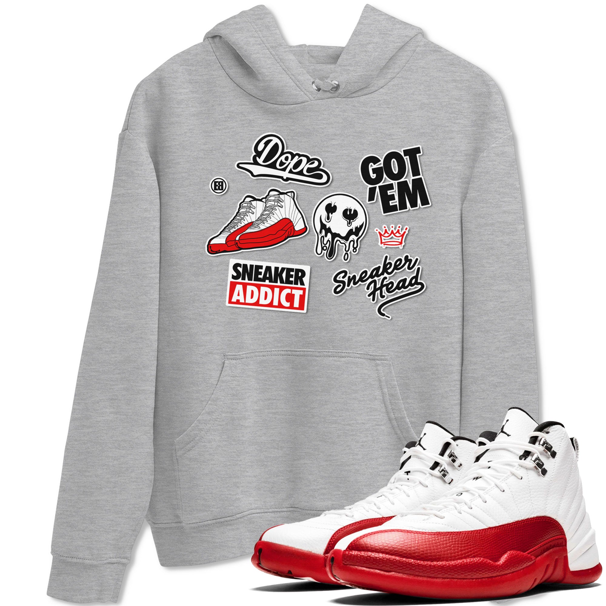 Air Jordan 12 Cherry shirt to match jordans Sneakerhead Sticker sneaker matching tees 12s Cherry Drip Gear Zone Unisex Heather Grey 1 T-Shirt