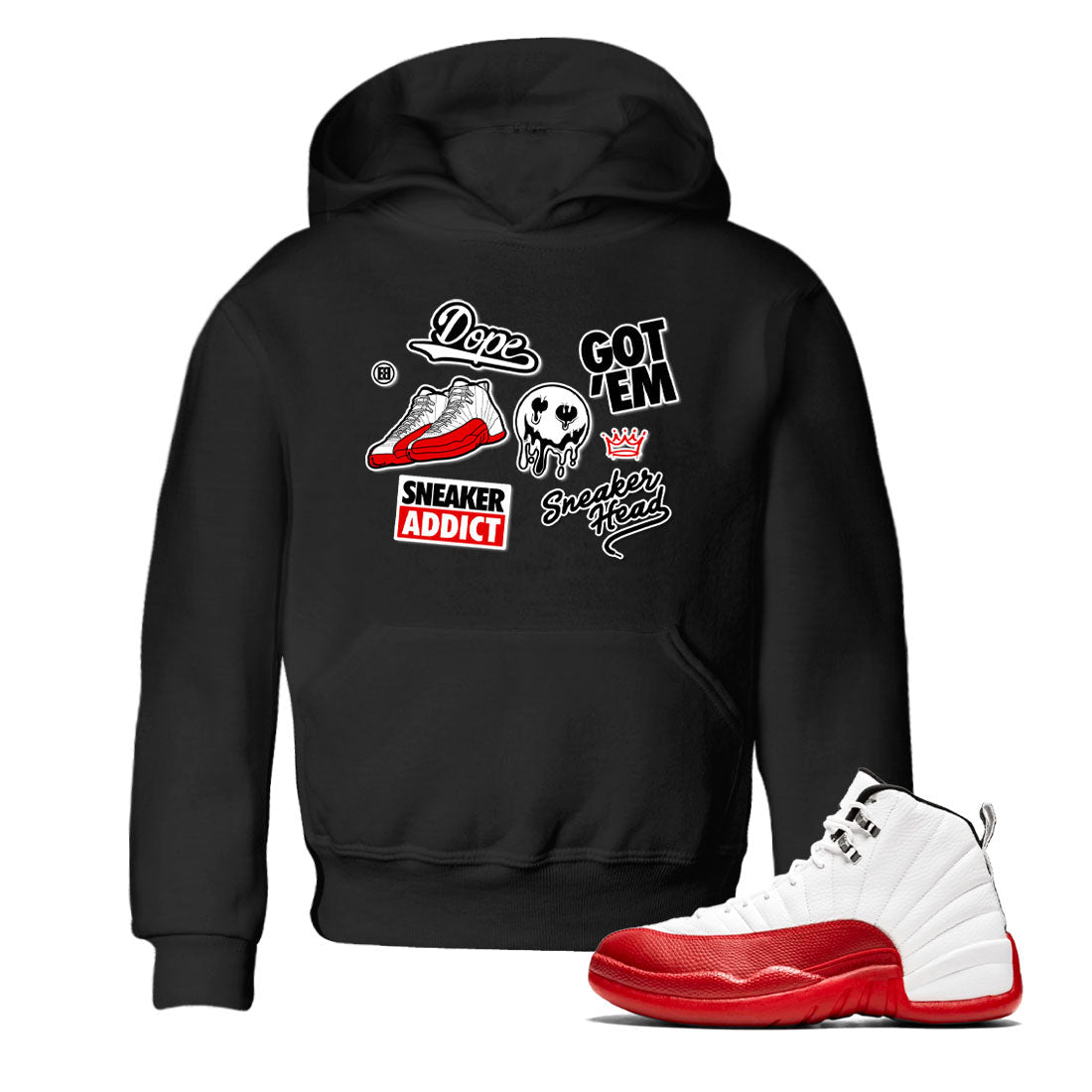 Air Jordan 12 Cherry shirt to match jordans Sneakerhead Sticker sneaker matching tees 12s Cherry Drip Gear Zone Baby Toddler Black 1 T-Shirt