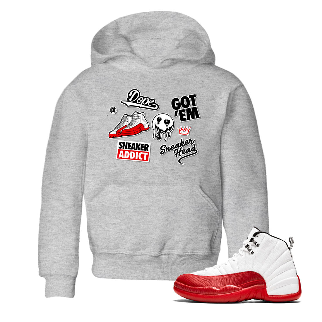 Air Jordan 12 Cherry shirt to match jordans Sneakerhead Sticker sneaker matching tees 12s Cherry Drip Gear Zone Baby Toddler Heather Grey 1 T-Shirt