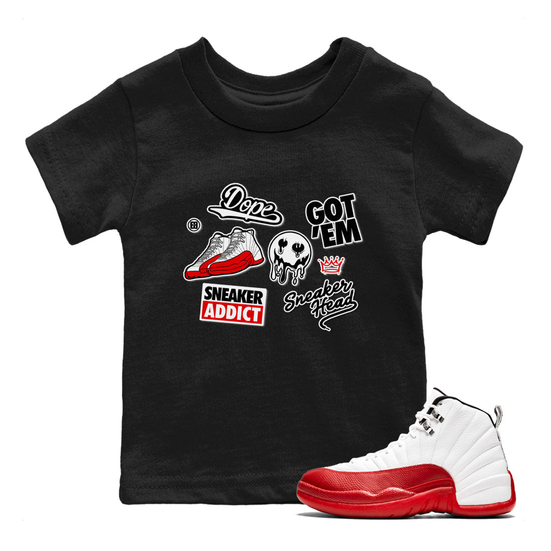 Air Jordan 12 Cherry shirt to match jordans Sneakerhead Sticker sneaker matching tees 12s Cherry Drip Gear Zone Baby Toddler Black 1 T-Shirt
