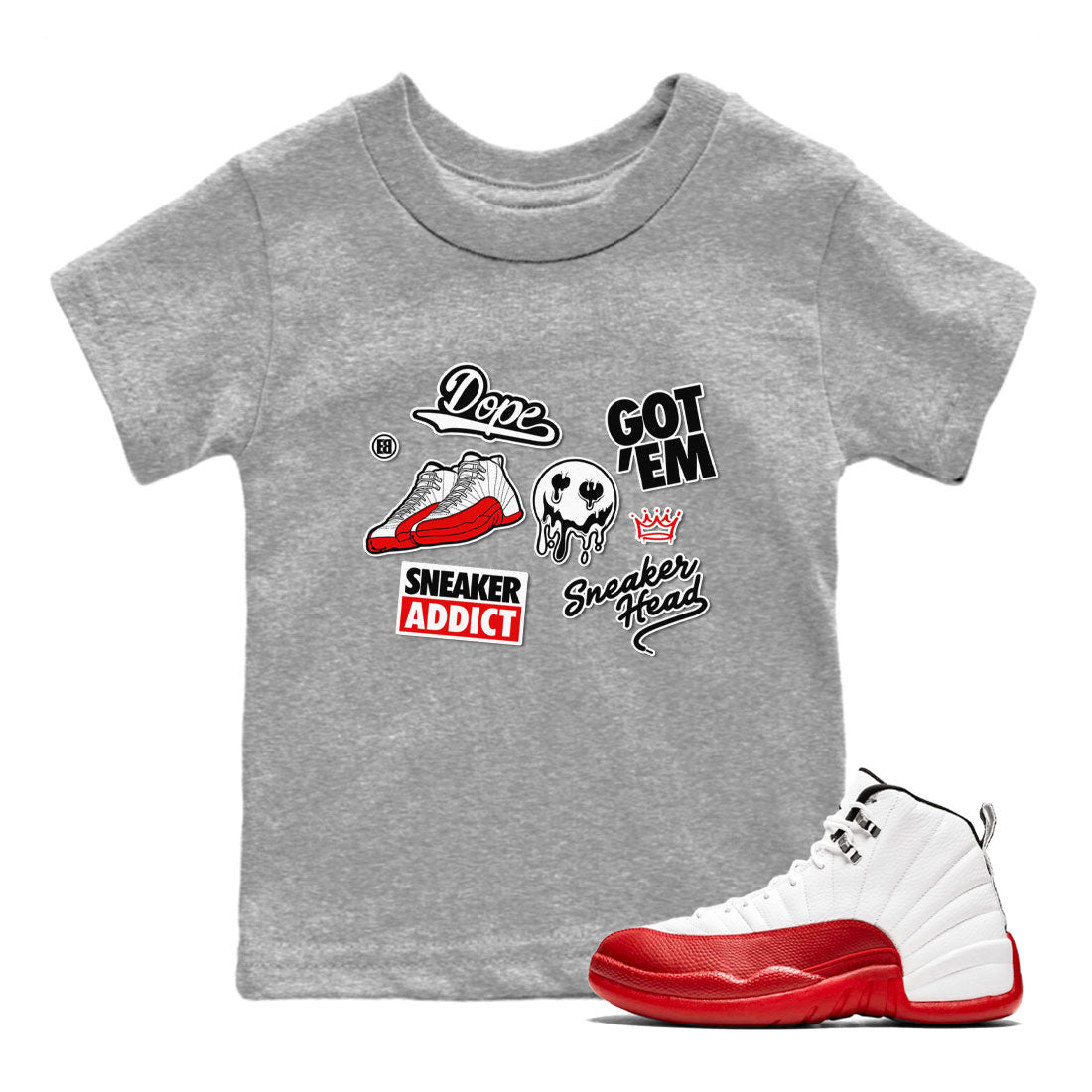 Air Jordan 12 Cherry shirt to match jordans Sneakerhead Sticker sneaker matching tees 12s Cherry Drip Gear Zone Baby Toddler Heather Grey 1 T-Shirt