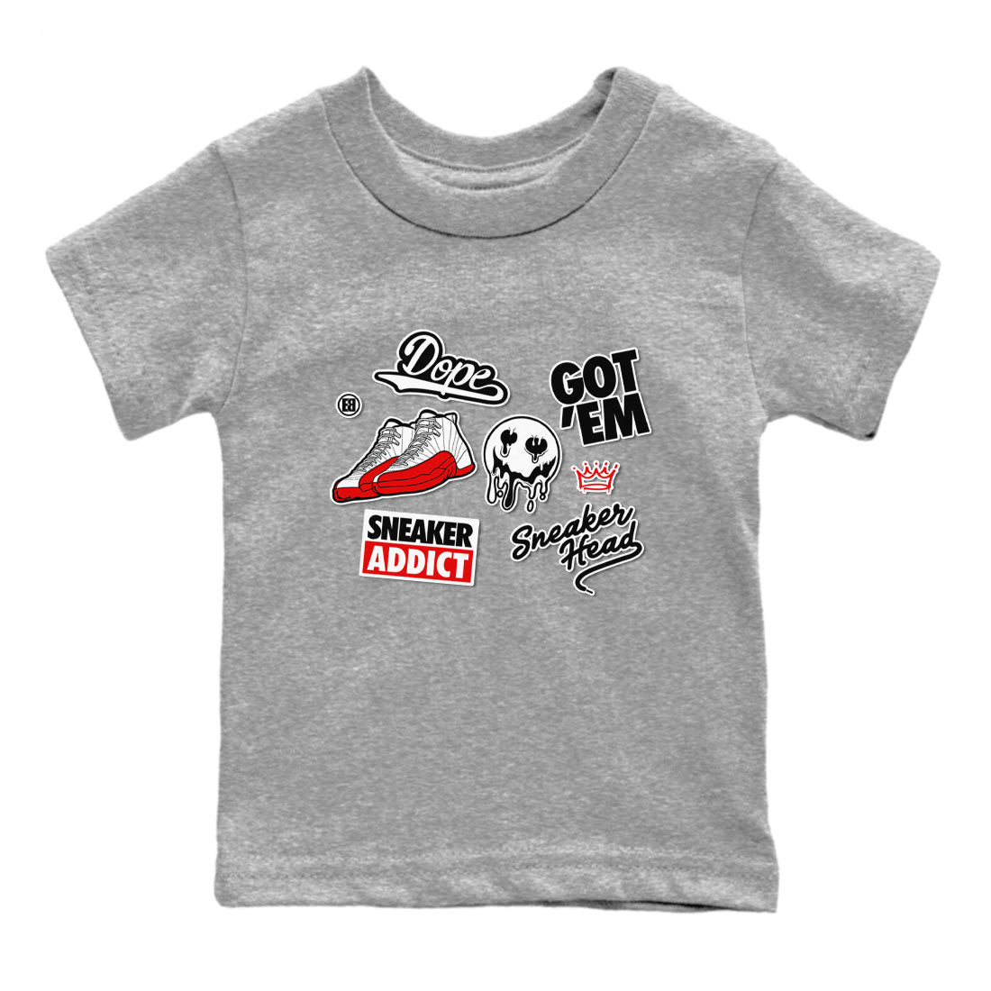 Air Jordan 12 Cherry shirt to match jordans Sneakerhead Sticker sneaker matching tees 12s Cherry Drip Gear Zone Baby Toddler Heather Grey 2 T-Shirt