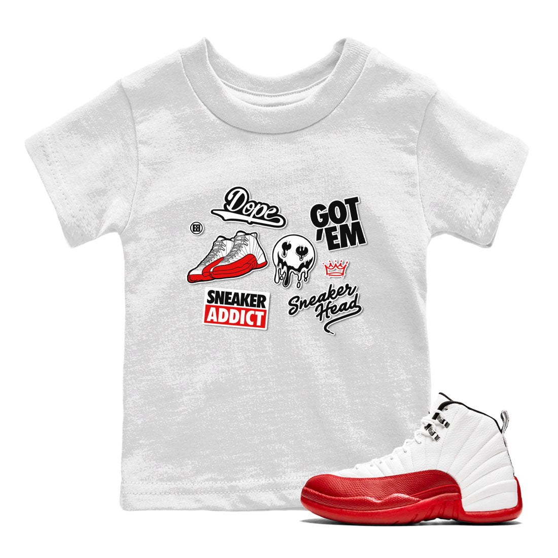 Air Jordan 12 Cherry shirt to match jordans Sneakerhead Sticker sneaker matching tees 12s Cherry Drip Gear Zone Baby Toddler White 1 T-Shirt
