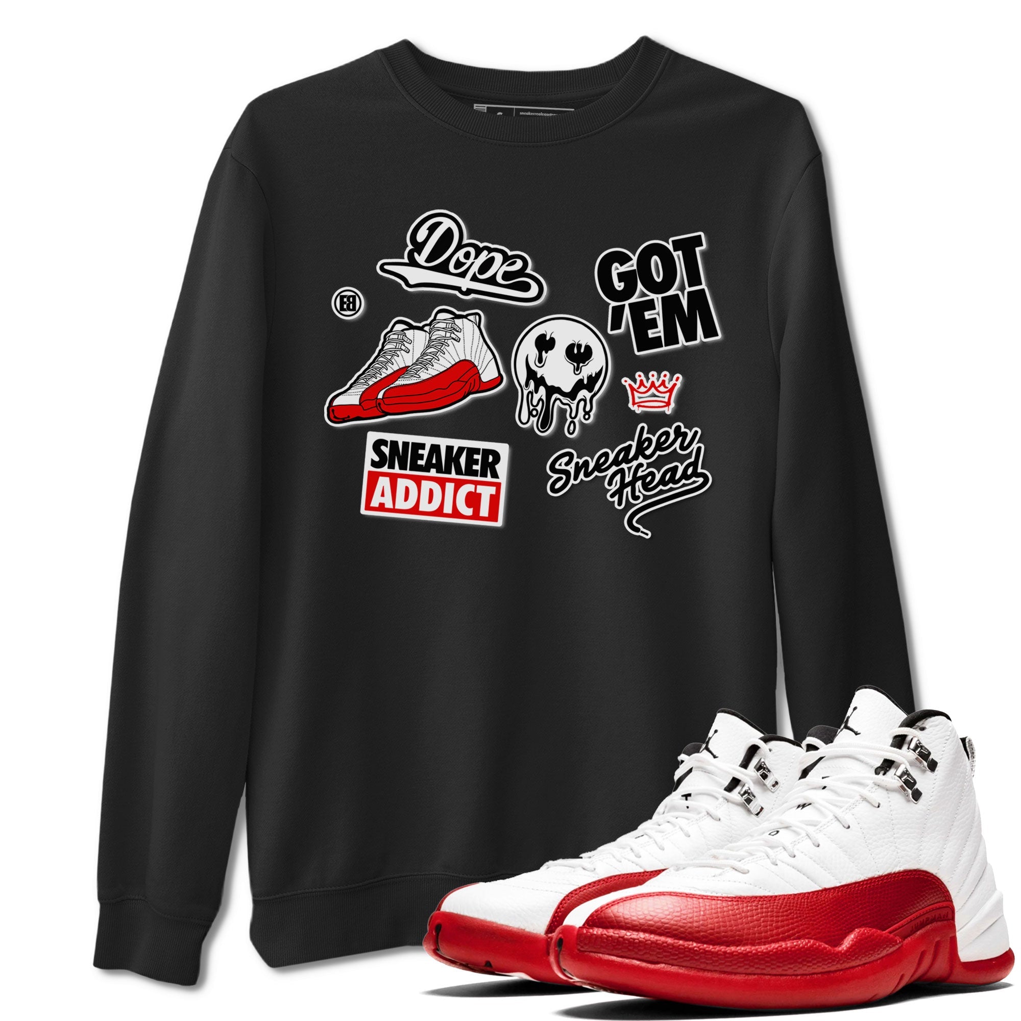 Air Jordan 12 Cherry shirt to match jordans Sneakerhead Sticker sneaker matching tees 12s Cherry Drip Gear Zone Unisex Black 1 T-Shirt