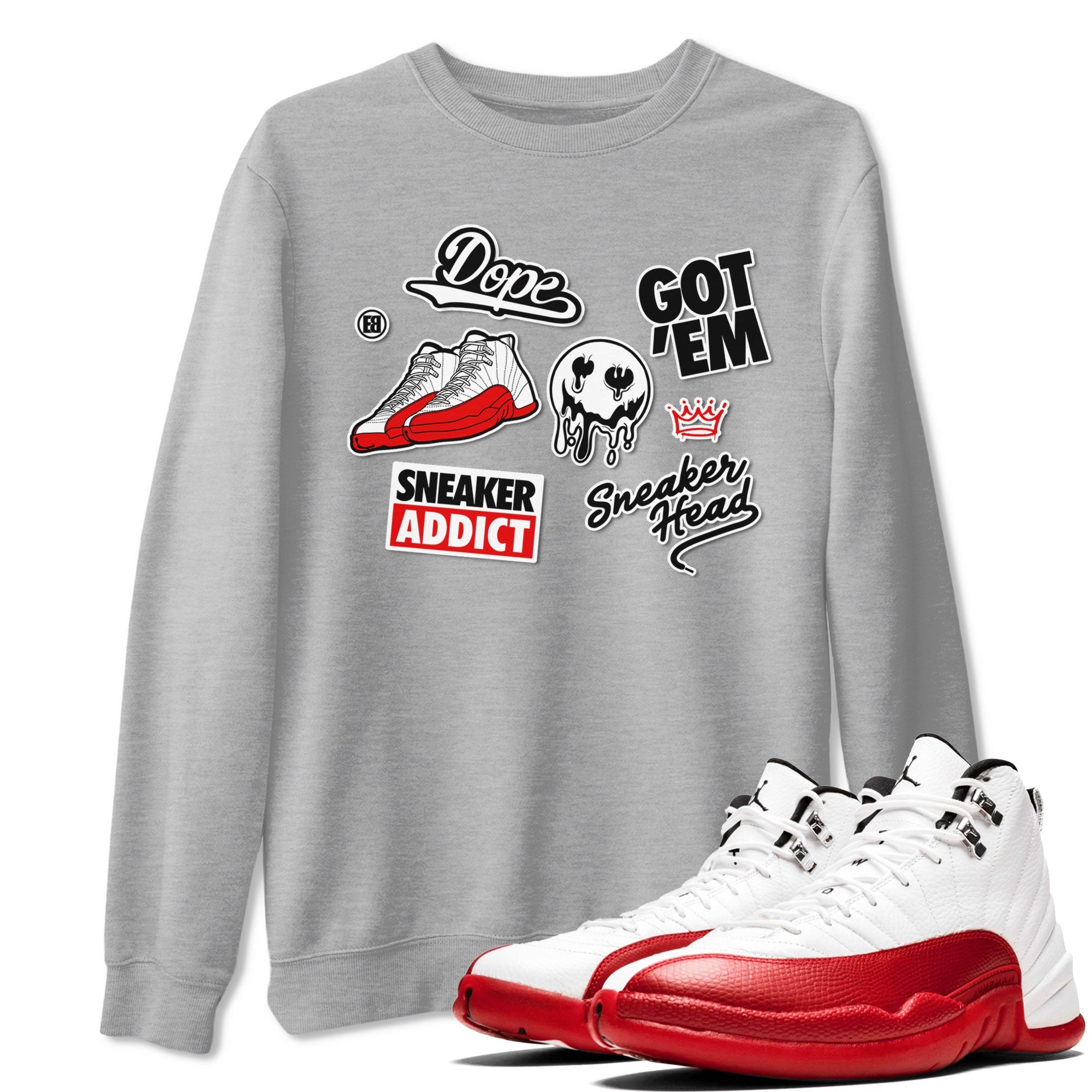 Air Jordan 12 Cherry shirt to match jordans Sneakerhead Sticker sneaker matching tees 12s Cherry Drip Gear Zone Unisex Heather Grey 1 T-Shirt