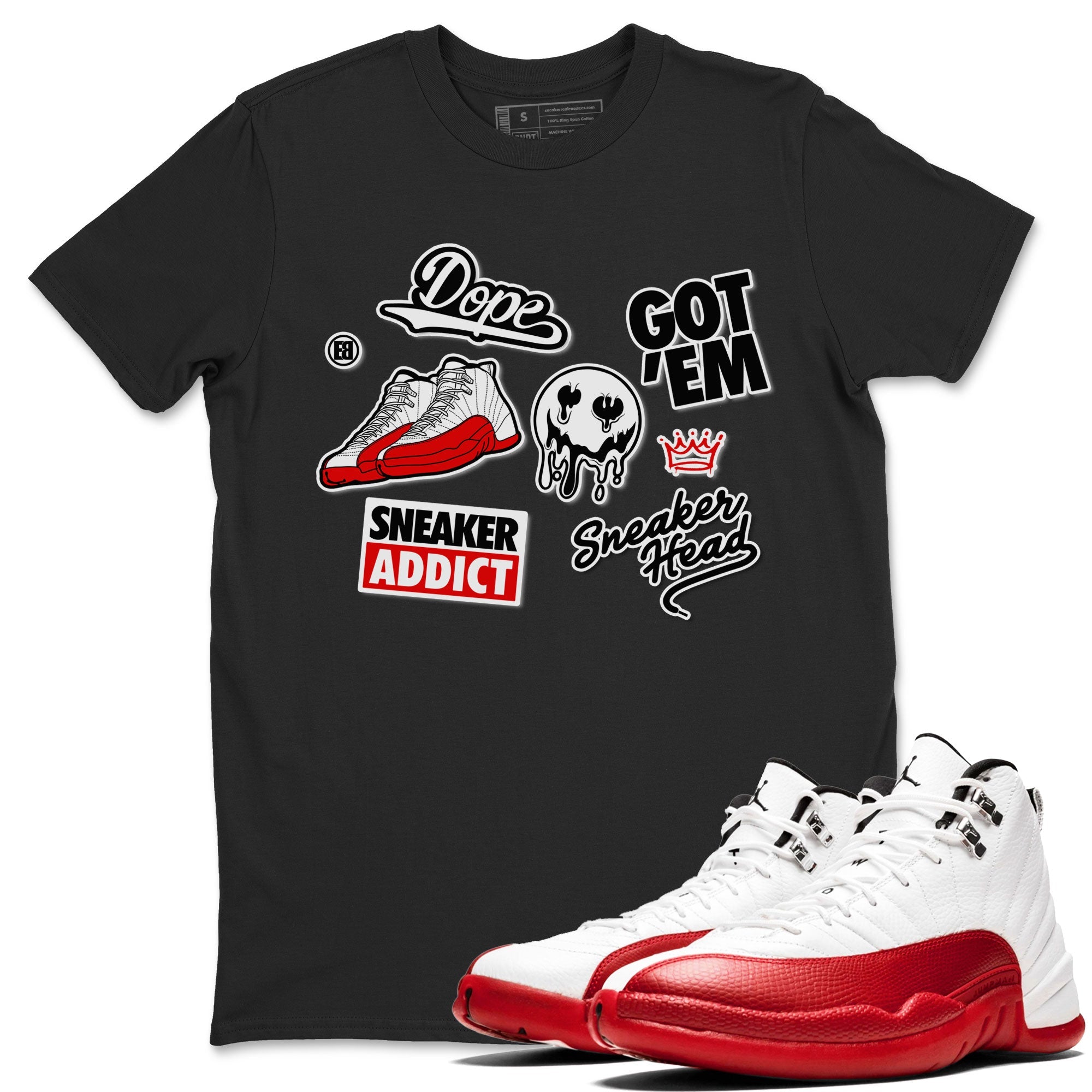 Air Jordan 12 Cherry shirt to match jordans Sneakerhead Sticker sneaker matching tees 12s Cherry Drip Gear Zone Unisex Black 1 T-Shirt