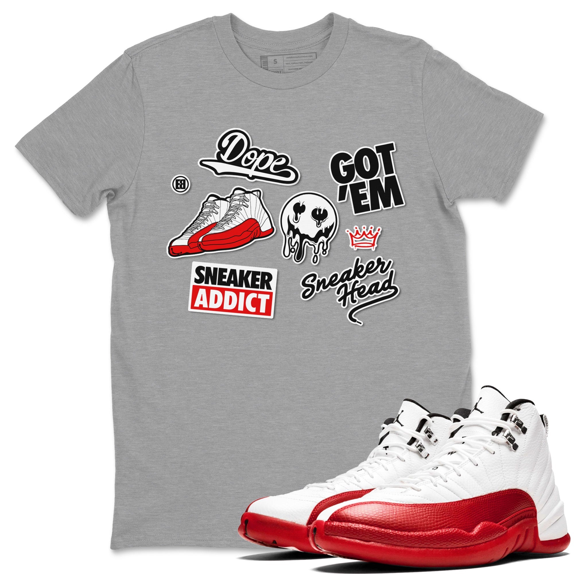 Air Jordan 12 Cherry shirt to match jordans Sneakerhead Sticker sneaker matching tees 12s Cherry Drip Gear Zone Unisex Heather Grey 1 T-Shirt