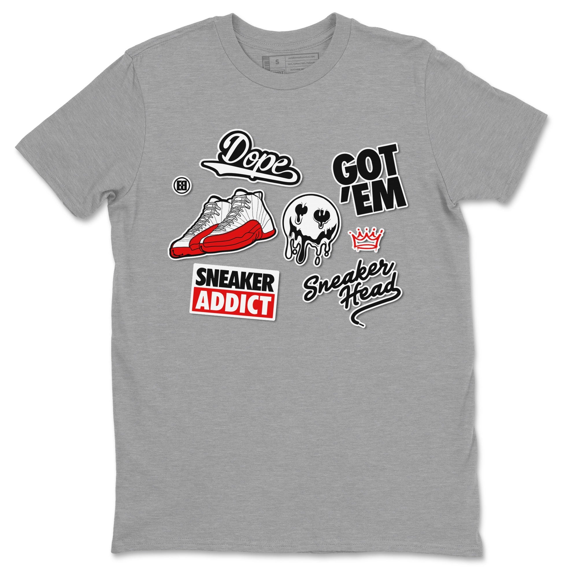 Air Jordan 12 Cherry shirt to match jordans Sneakerhead Sticker sneaker matching tees 12s Cherry Drip Gear Zone Unisex Heather Grey 2 T-Shirt