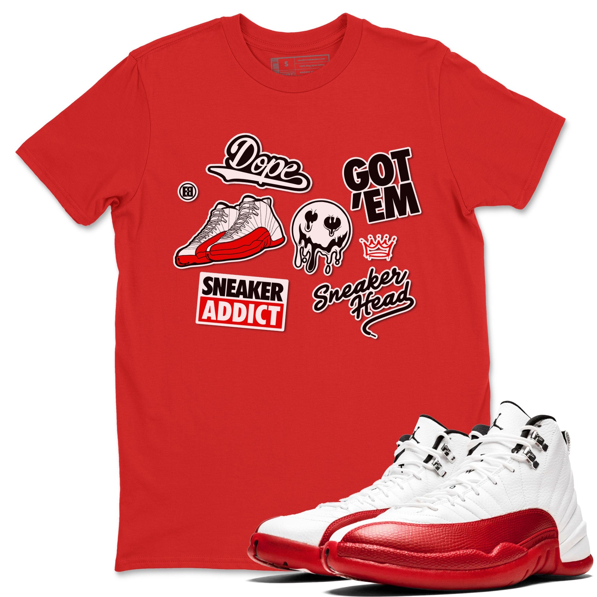 Air Jordan 12 Cherry shirt to match jordans Sneakerhead Sticker sneaker matching tees 12s Cherry Drip Gear Zone Unisex Red 1 T-Shirt