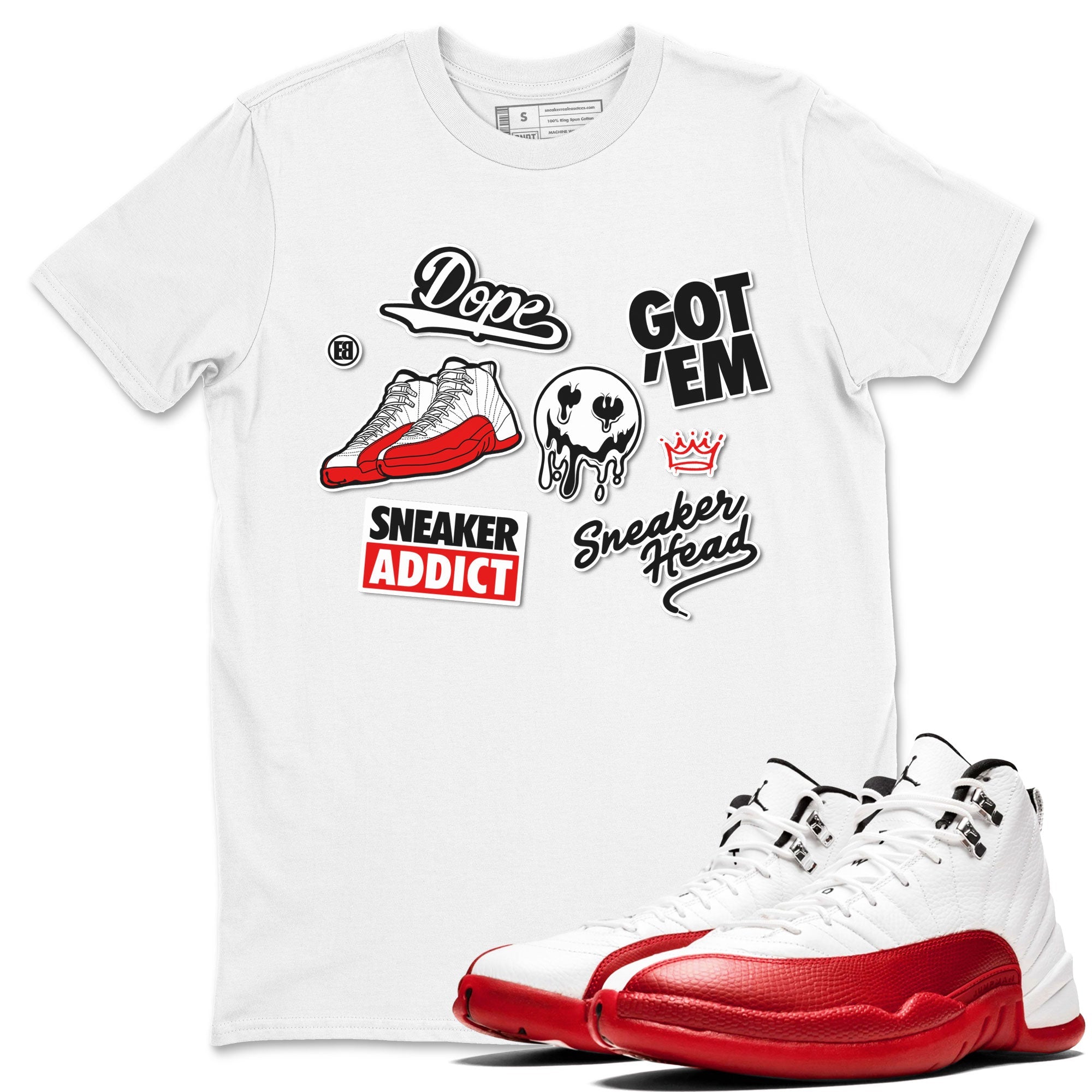 Air Jordan 12 Cherry shirt to match jordans Sneakerhead Sticker sneaker matching tees 12s Cherry Drip Gear Zone Unisex White 1 T-Shirt