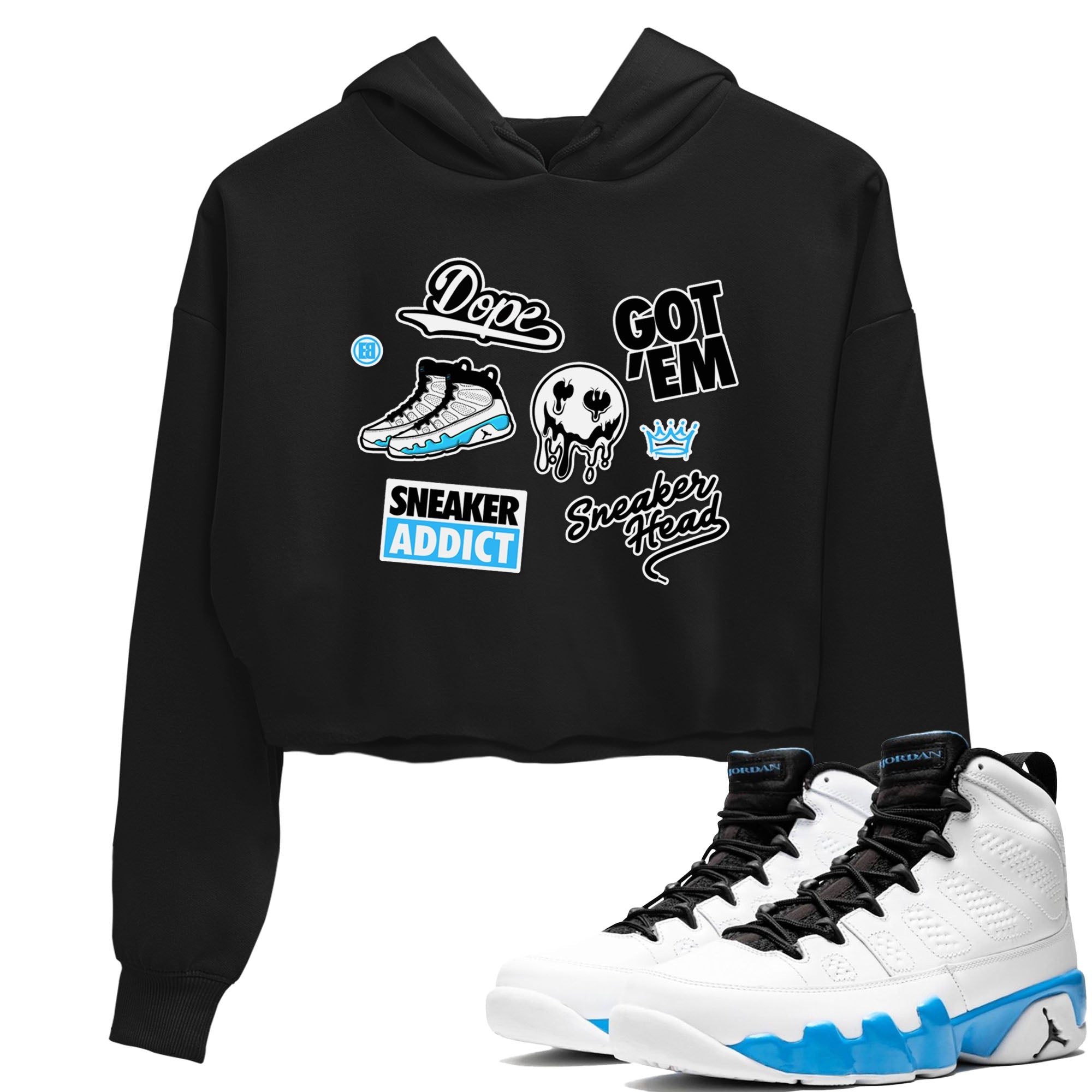 9s Powder Blue shirt to match jordans Sneakerhead Sticker sneaker tees Air Jordan 9 Powder Blue Drip Gear Zone Black 1 crop length shirt