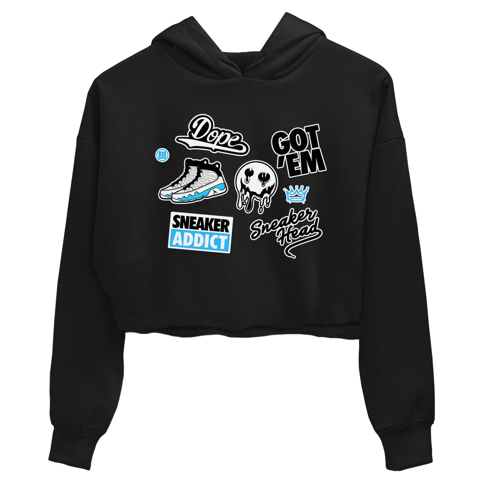 9s Powder Blue shirt to match jordans Sneakerhead Sticker sneaker tees Air Jordan 9 Powder Blue Drip Gear Zone Black 2 crop length shirt