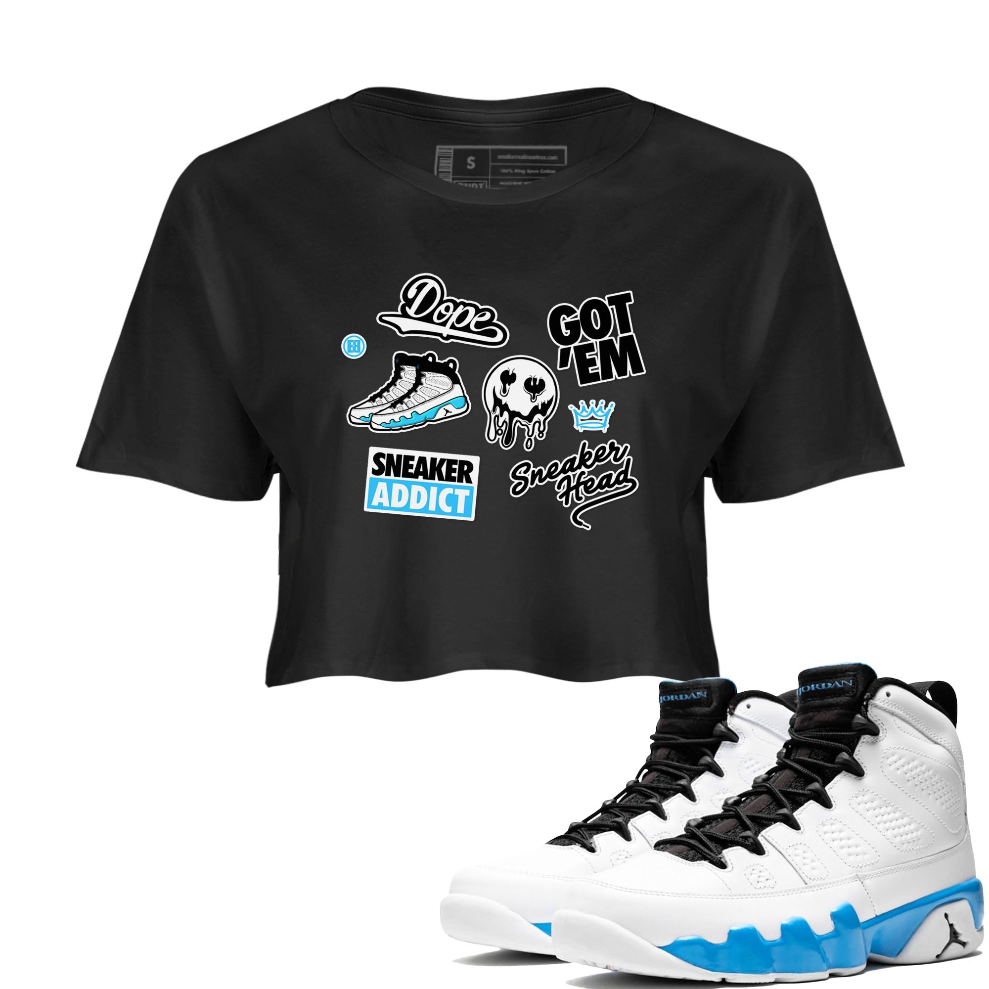 9s Powder Blue shirt to match jordans Sneakerhead Sticker sneaker tees Air Jordan 9 Powder Blue Drip Gear Zone Black 1 crop length shirt