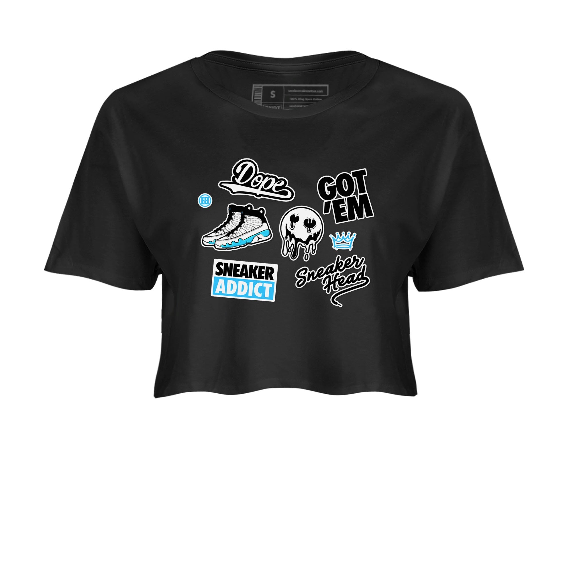9s Powder Blue shirt to match jordans Sneakerhead Sticker sneaker tees Air Jordan 9 Powder Blue Drip Gear Zone Black 2 crop length shirt