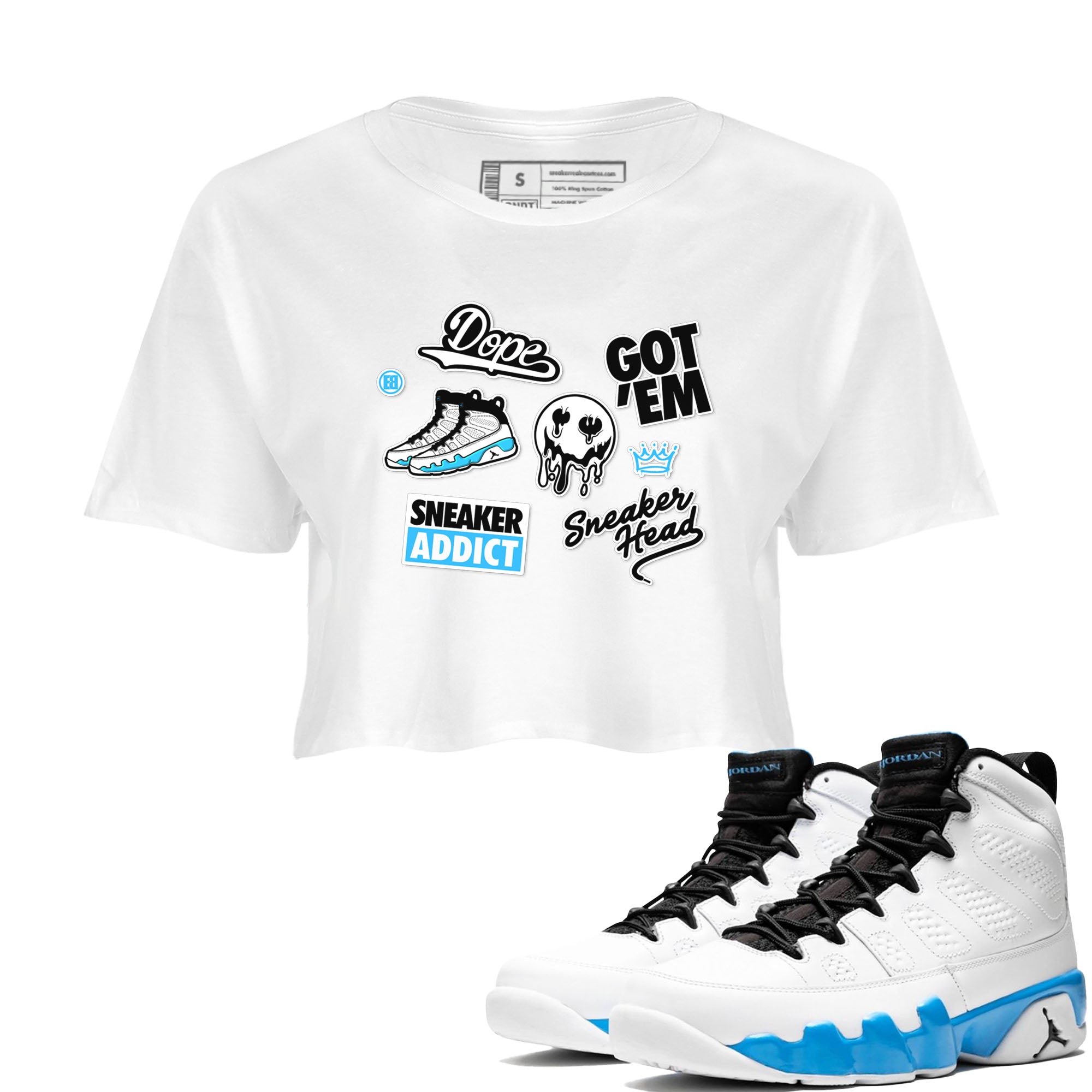 9s Powder Blue shirt to match jordans Sneakerhead Sticker sneaker tees Air Jordan 9 Powder Blue Drip Gear Zone White 1 crop length shirt