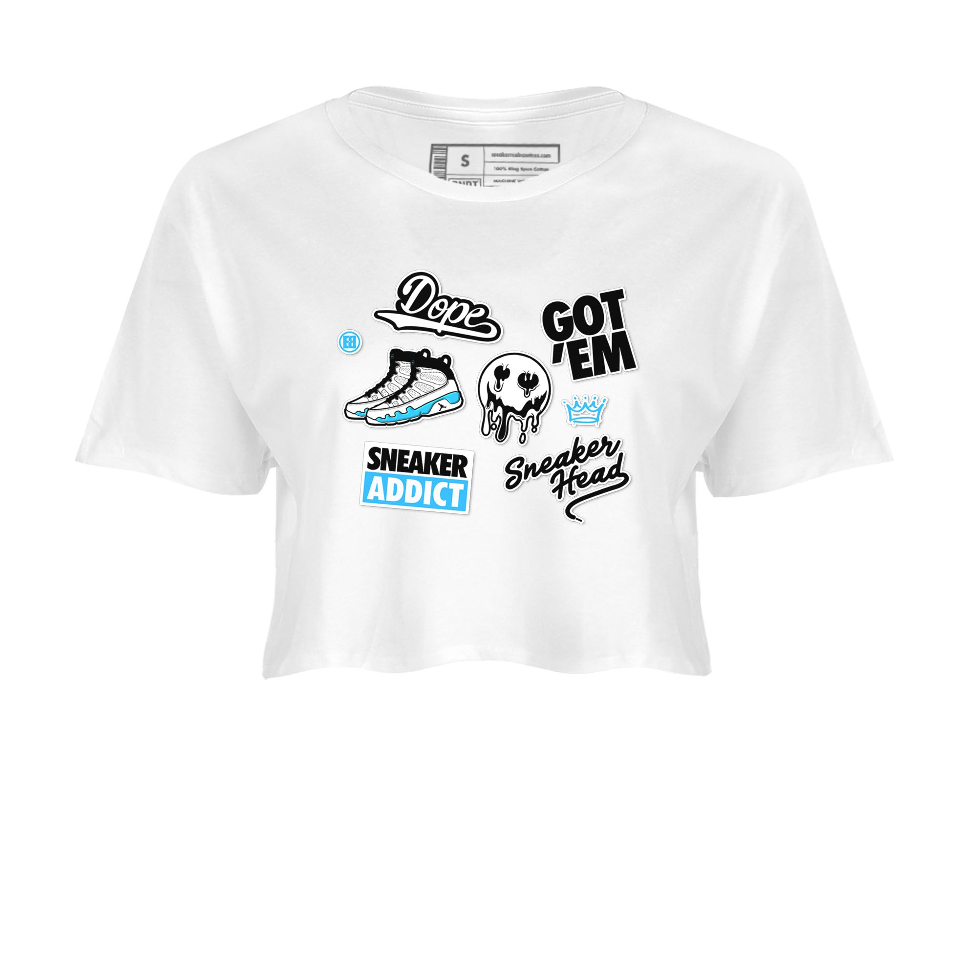 9s Powder Blue shirt to match jordans Sneakerhead Sticker sneaker tees Air Jordan 9 Powder Blue Drip Gear Zone White 2 crop length shirt