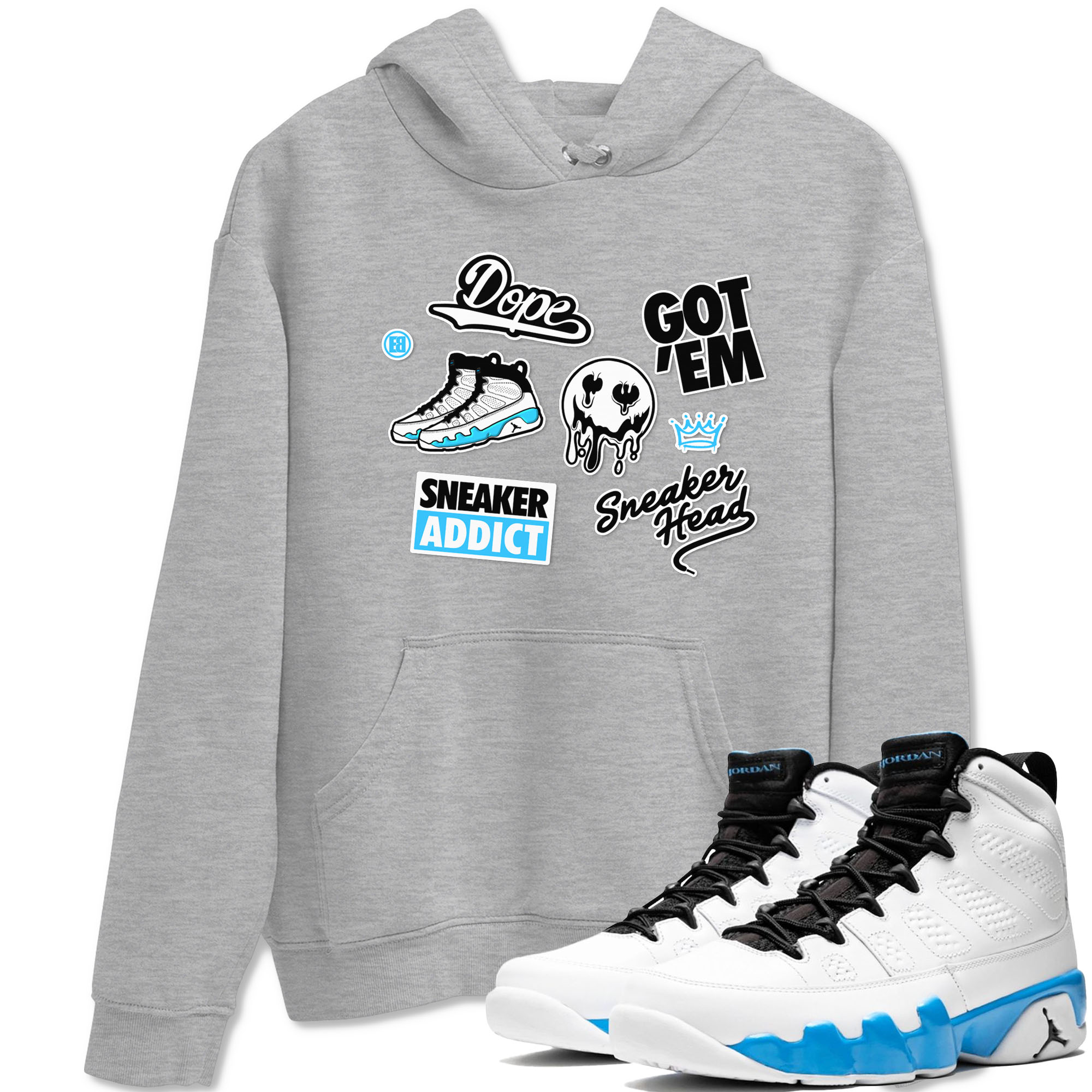 9s Powder Blue shirt to match jordans Sneakerhead Sticker sneaker tees Air Jordan 9 Powder Blue Drip Gear Zone unisex cotton Heather Grey 1 crew neck shirt