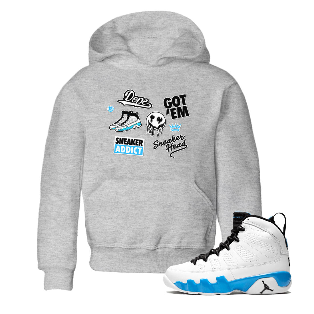 9s Powder Blue shirt to match jordans Sneakerhead Sticker sneaker tees Air Jordan 9 Powder Blue Drip Gear Zone baby toddler Heather Grey 1 cotton Shirt